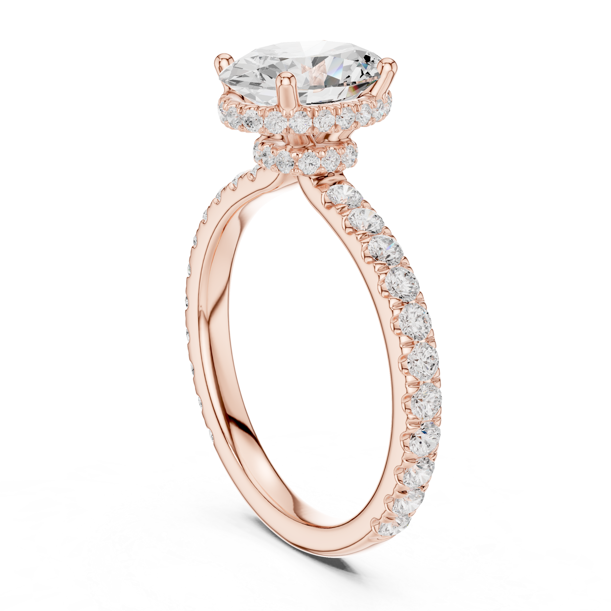 Oval Cut Pavé Engagement Ring with Hidden Halo and Diamond Band