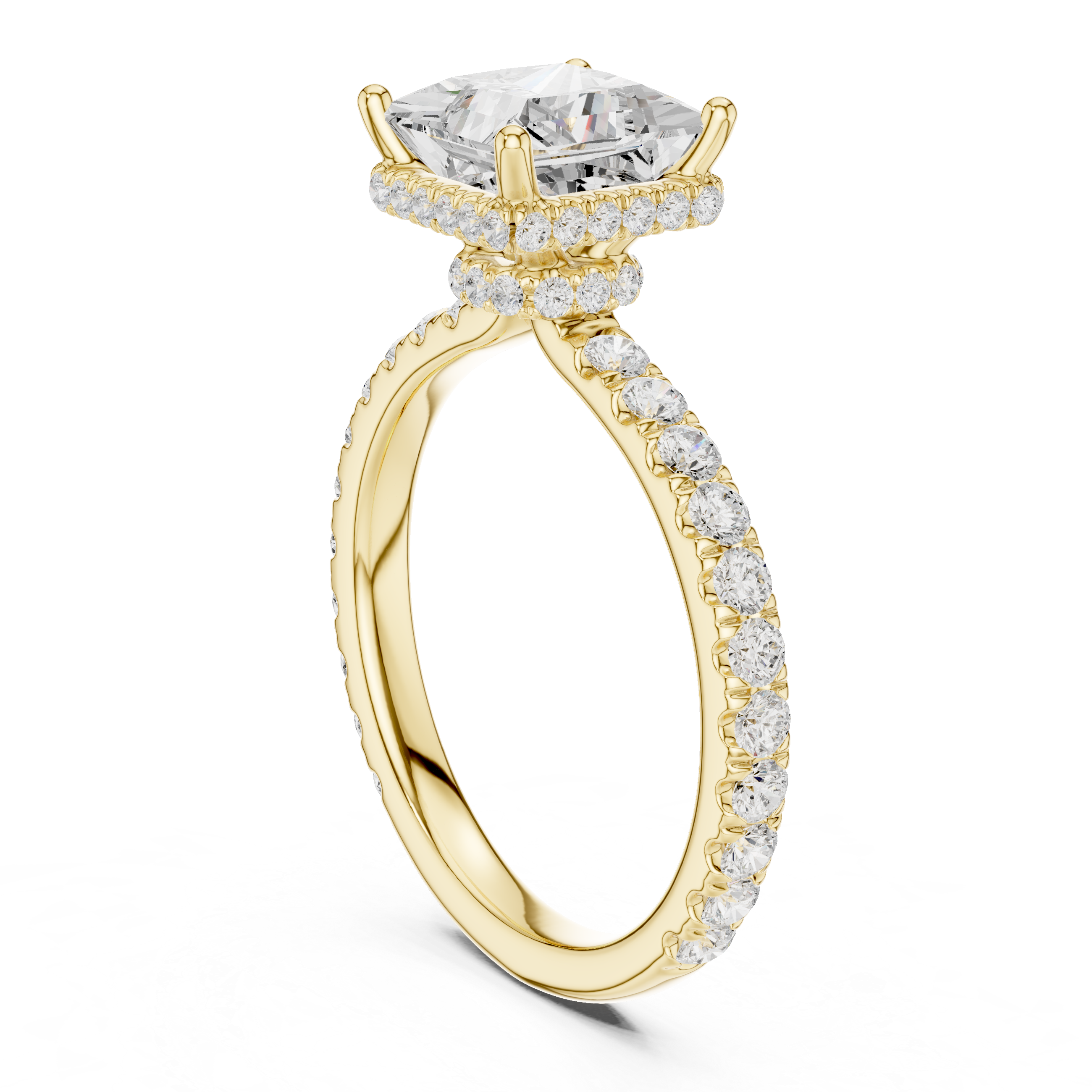 Princess Cut Pavé Engagement Ring with Hidden Halo and Diamond Band