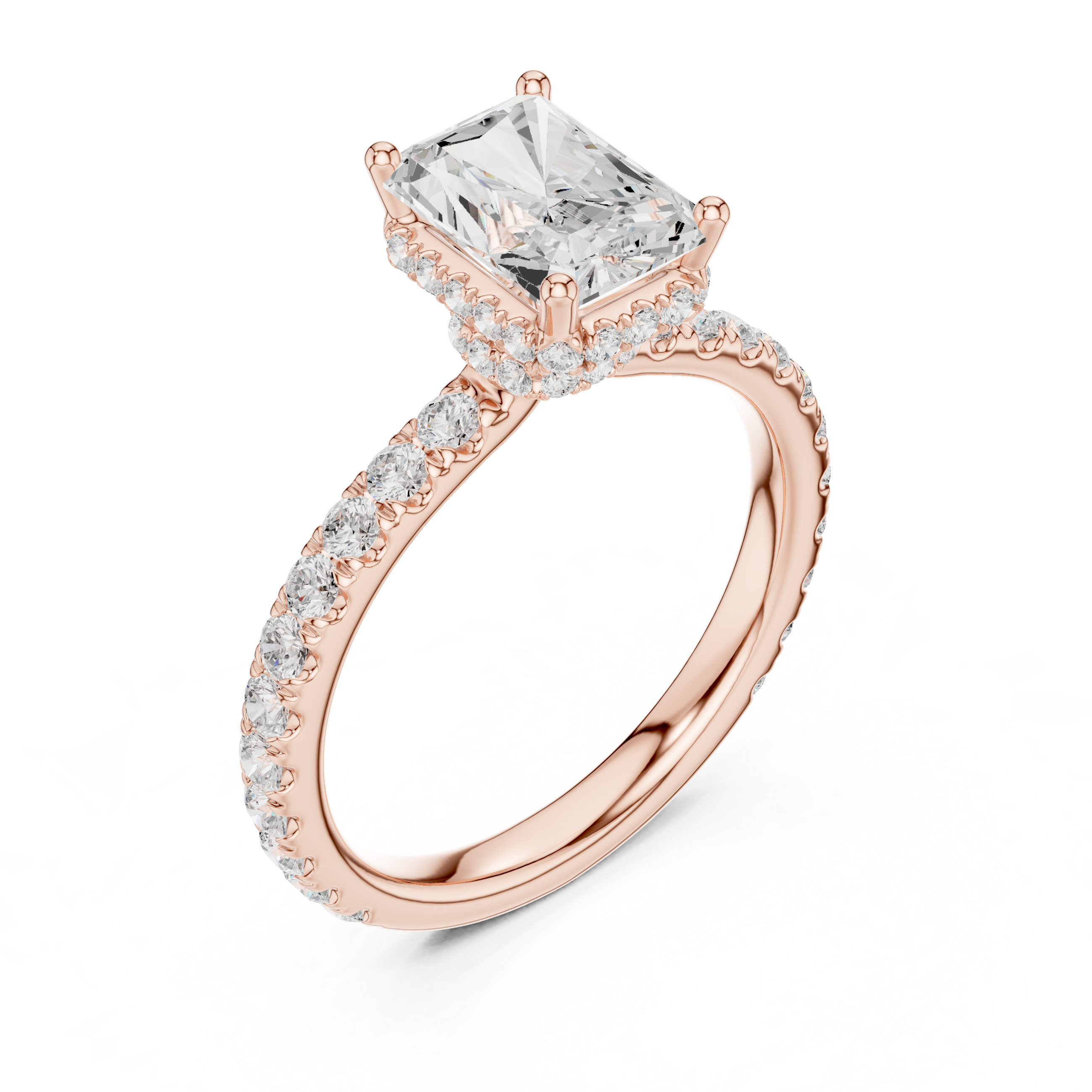 Radiant Cut Pavé Engagement Ring with Hidden Halo and Diamond Band