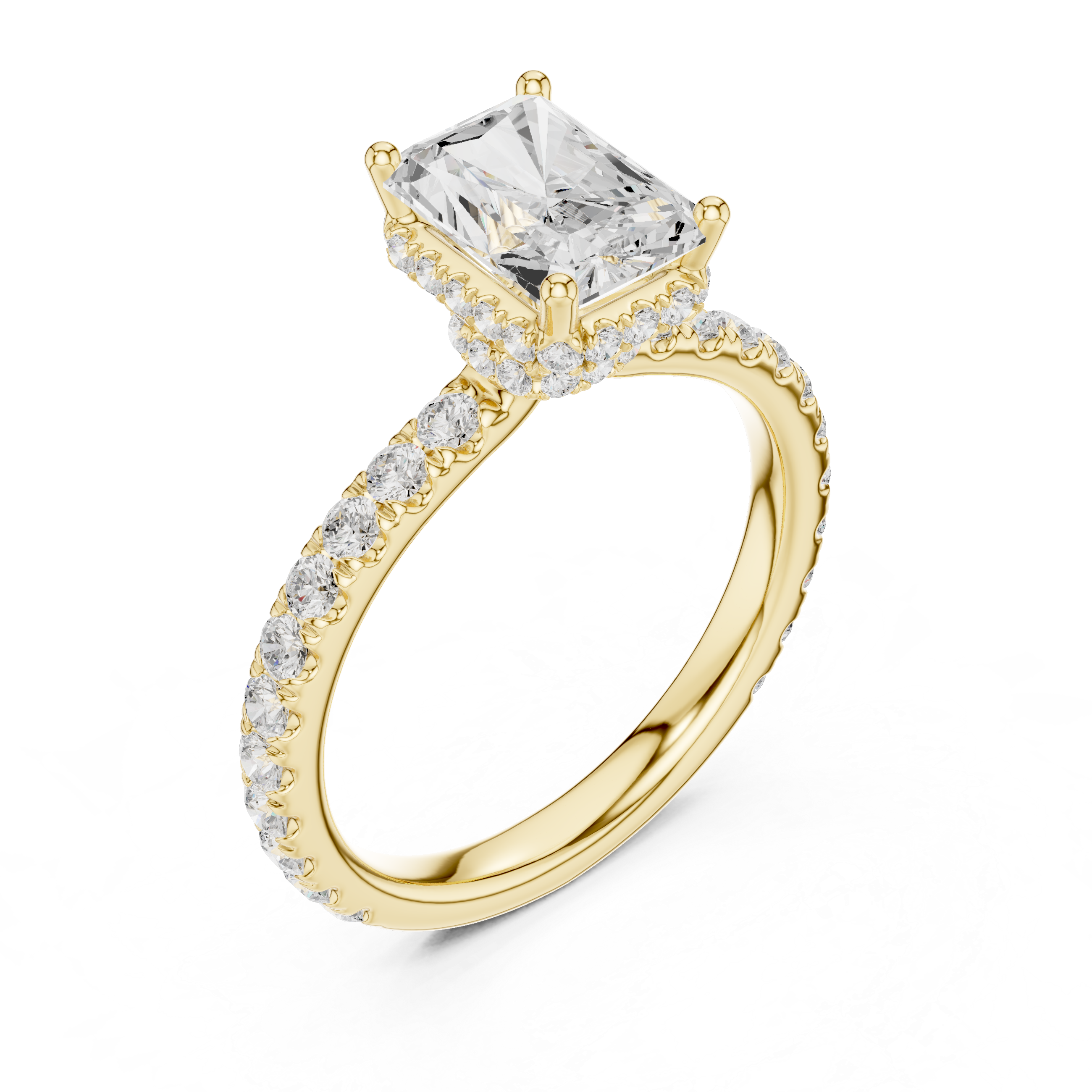 Radiant Cut Pavé Engagement Ring with Hidden Halo and Diamond Band
