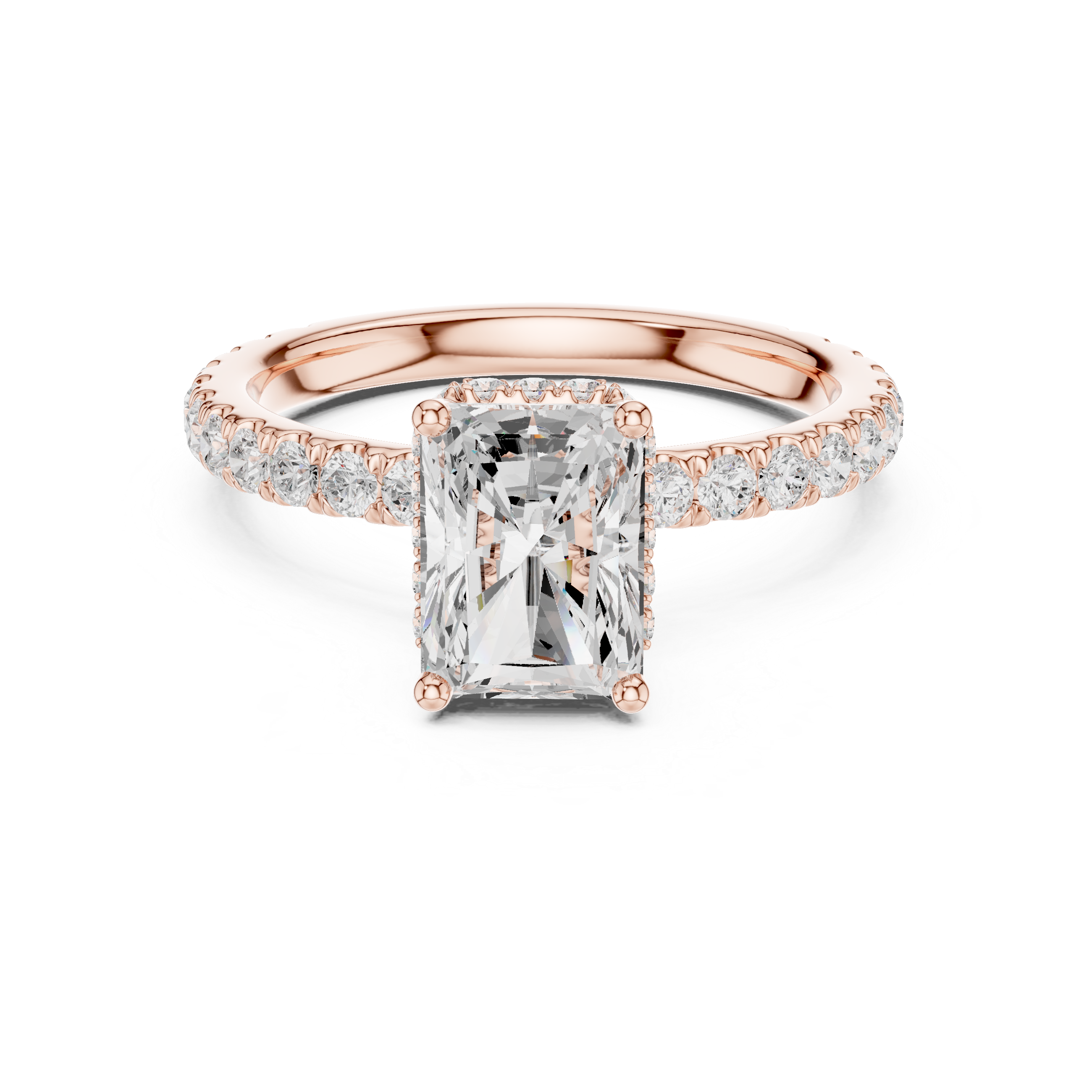 Radiant Cut Pavé Engagement Ring with Hidden Halo and Diamond Band