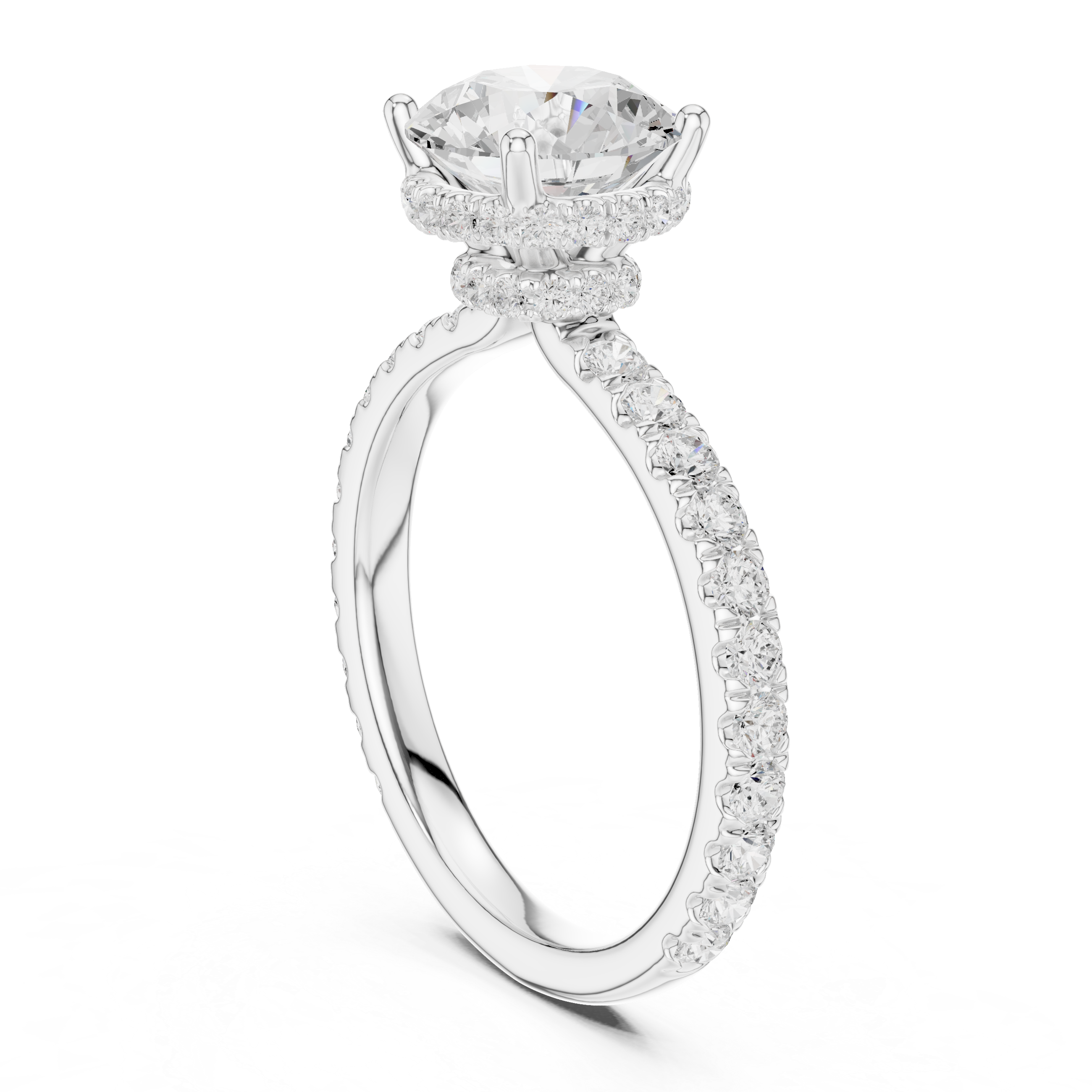 Round Brilliant Pavé Engagement Ring with Hidden Halo and Diamond Band