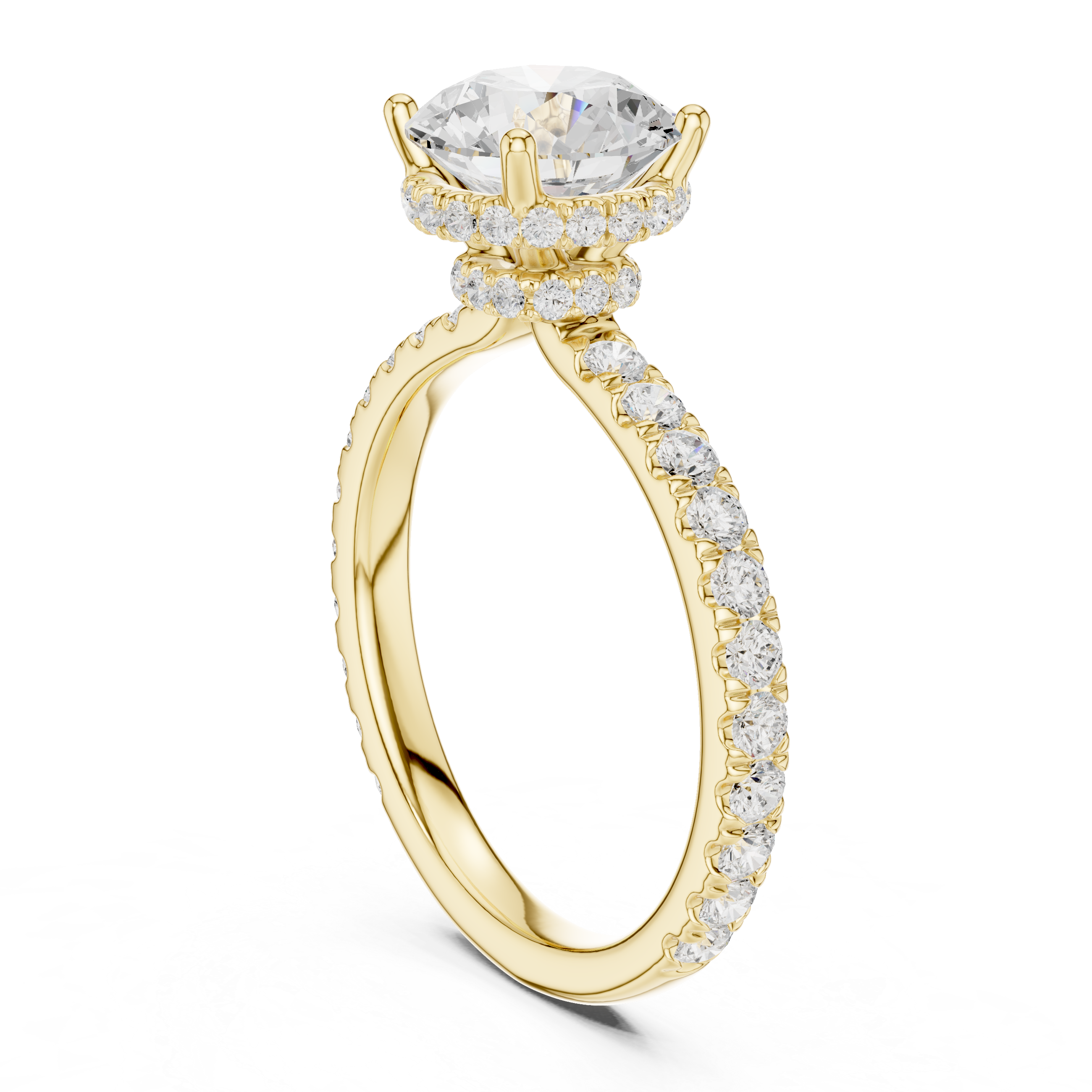 Round Brilliant Pavé Engagement Ring with Hidden Halo and Diamond Band