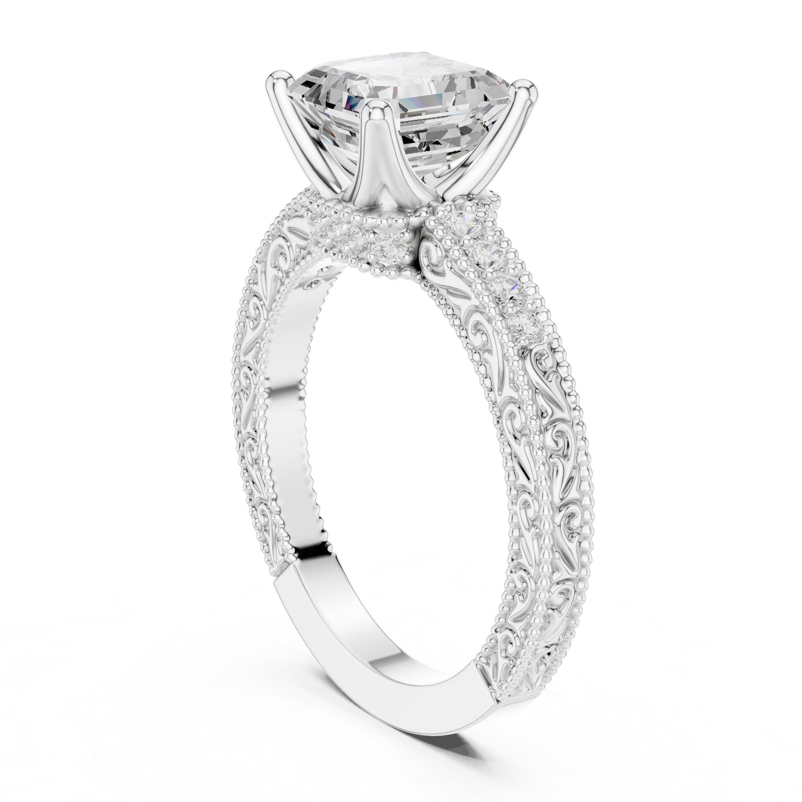 Vintage Milgrain Asscher Cut Engagement Ring with Pavé Diamond Band