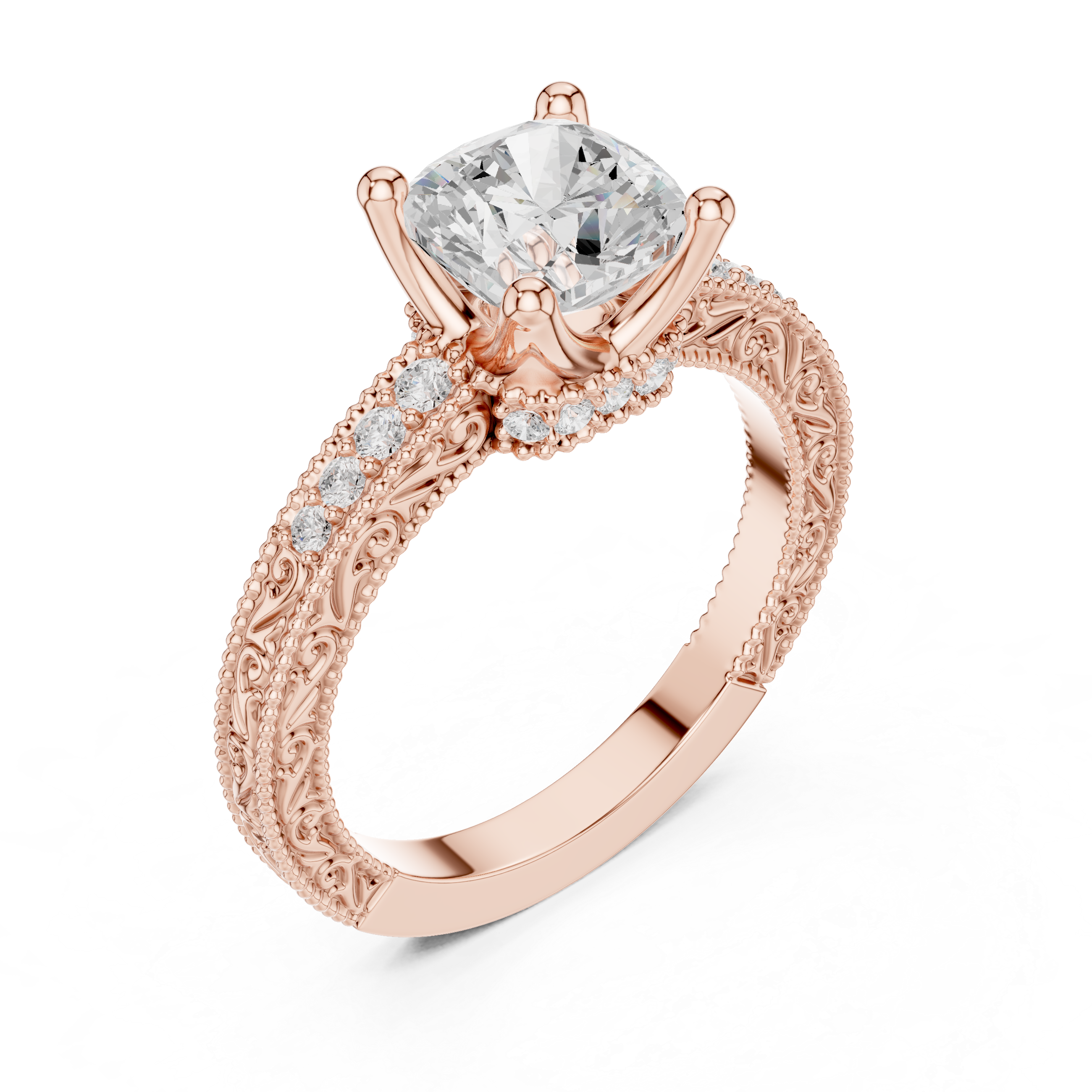 Vintage Milgrain Cushion Cut Engagement Ring with Pavé Diamond Band