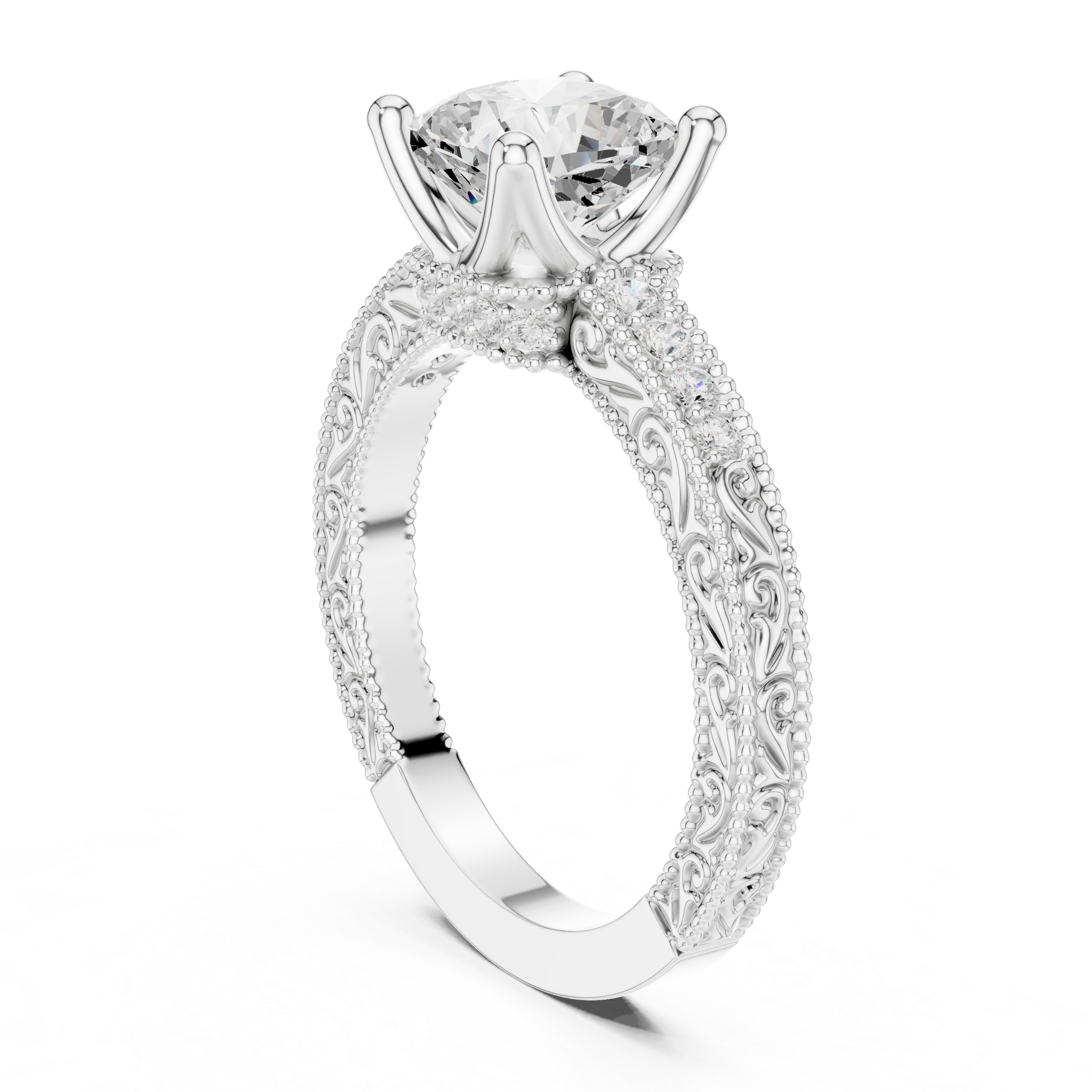 Vintage Milgrain Cushion Cut Engagement Ring with Pavé Diamond Band