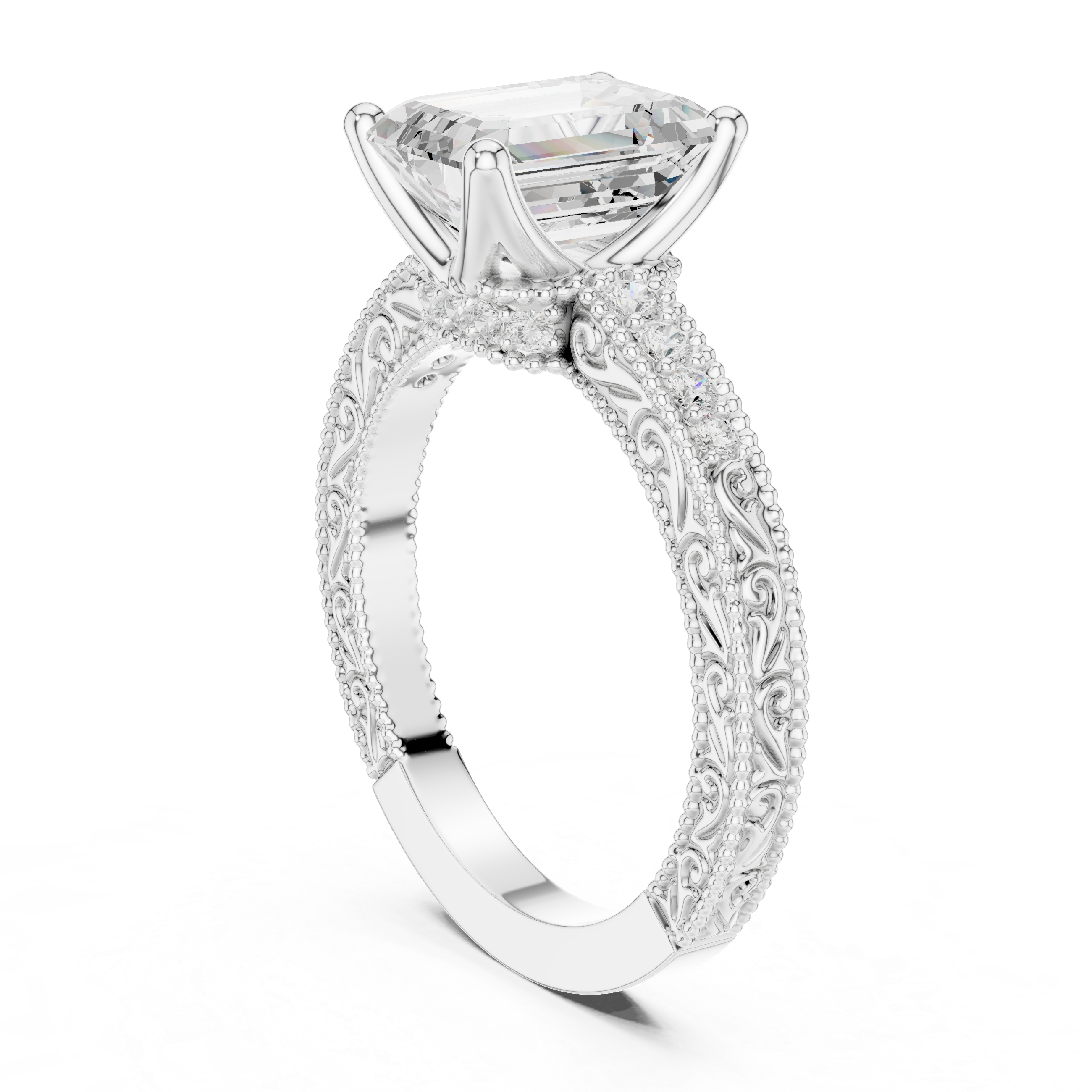 Vintage Milgrain Emerald Cut Engagement Ring with Pavé Diamond Band
