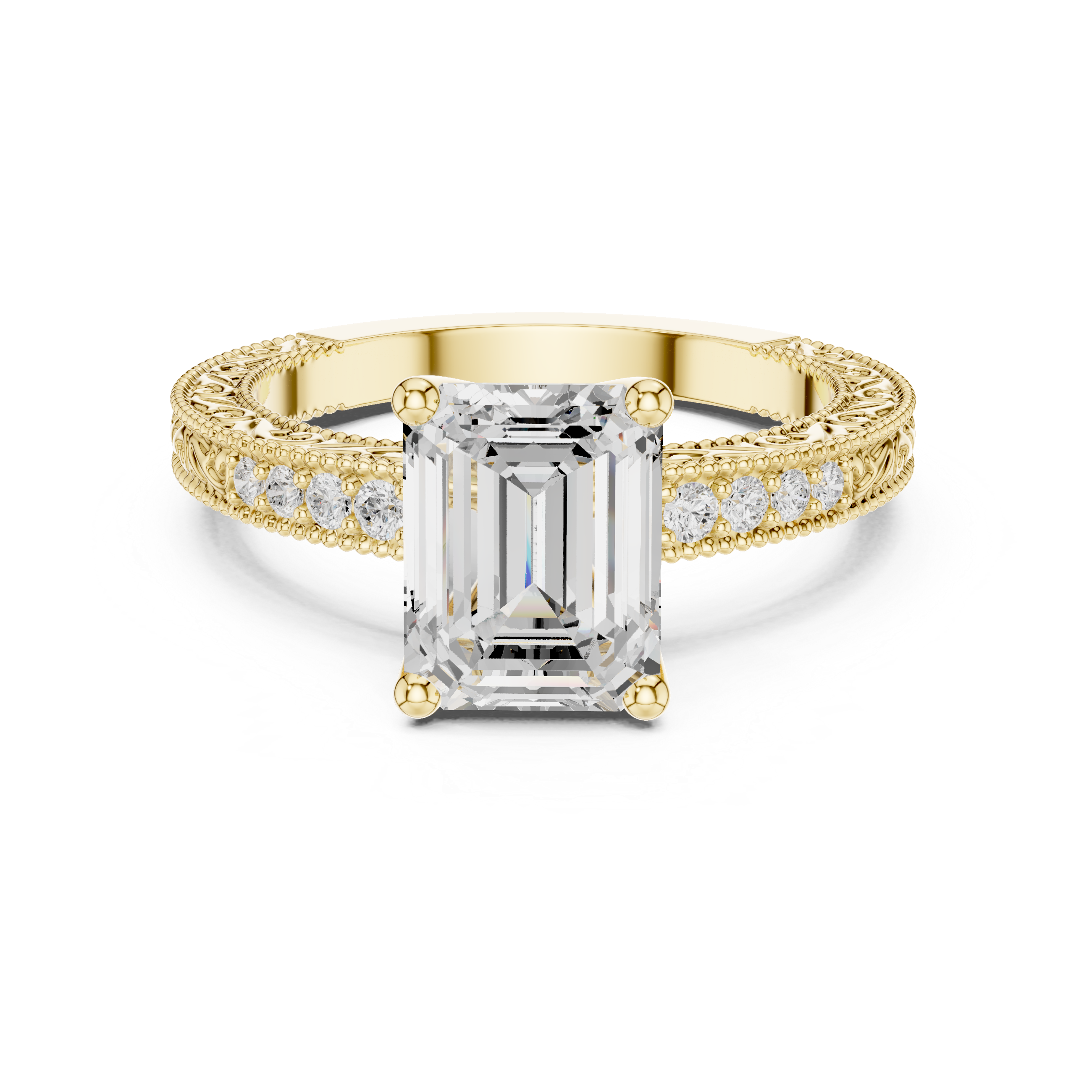 Vintage Milgrain Emerald Cut Engagement Ring with Pavé Diamond Band