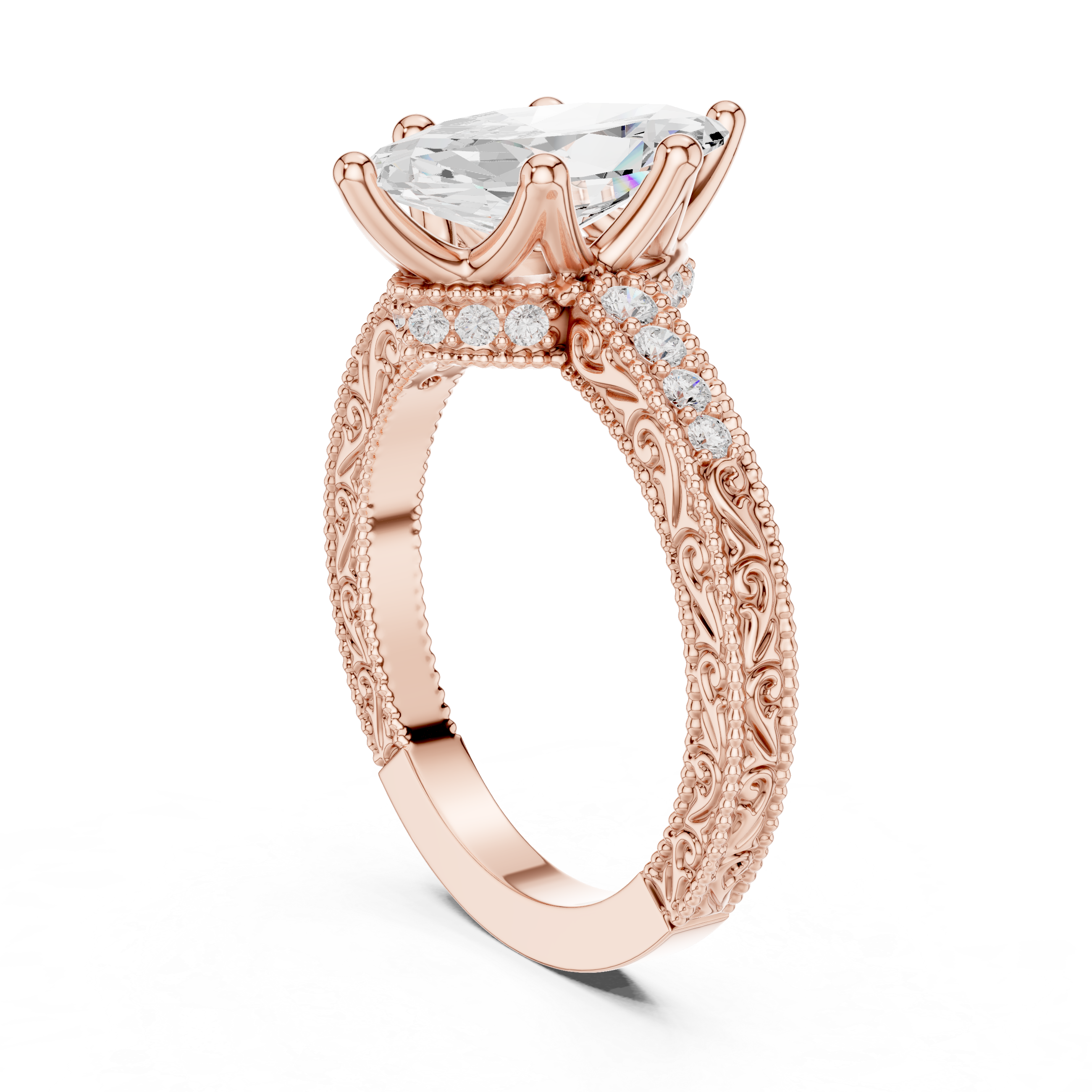 Vintage Milgrain Marquise Cut Engagement Ring with Pavé Diamond Accents