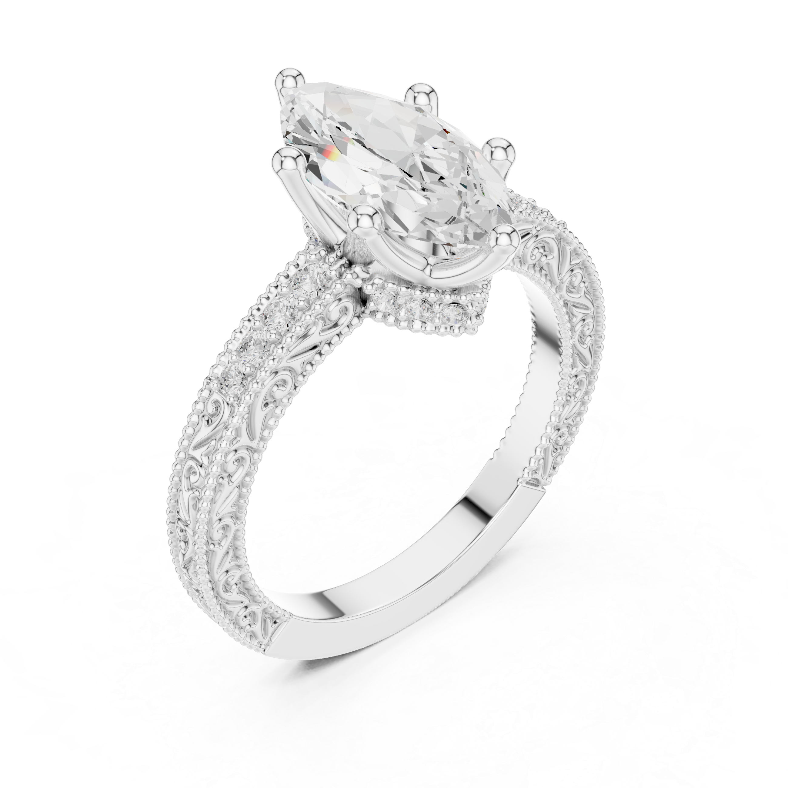 Vintage Milgrain Marquise Cut Engagement Ring with Pavé Diamond Accents