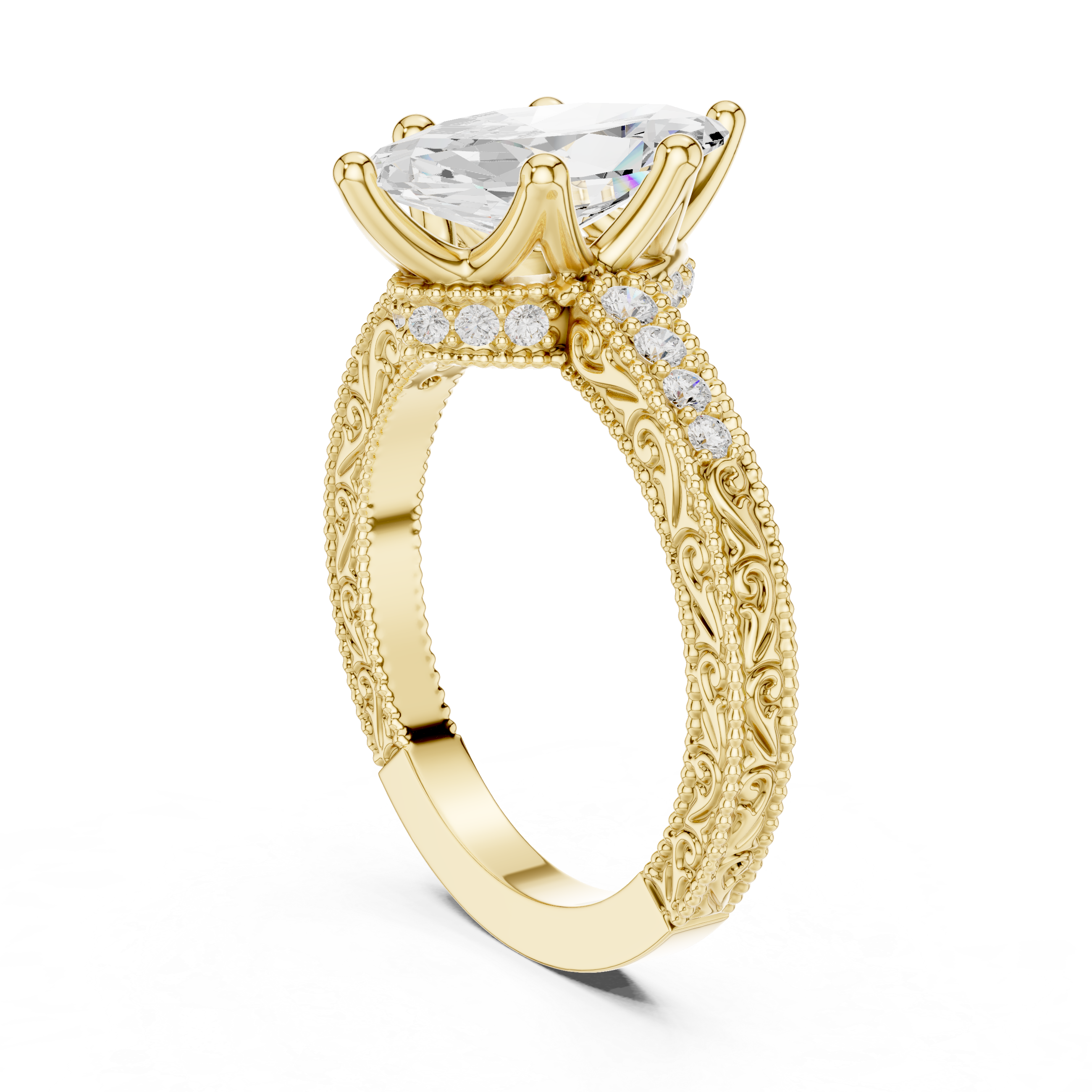 Vintage Milgrain Marquise Cut Engagement Ring with Pavé Diamond Accents