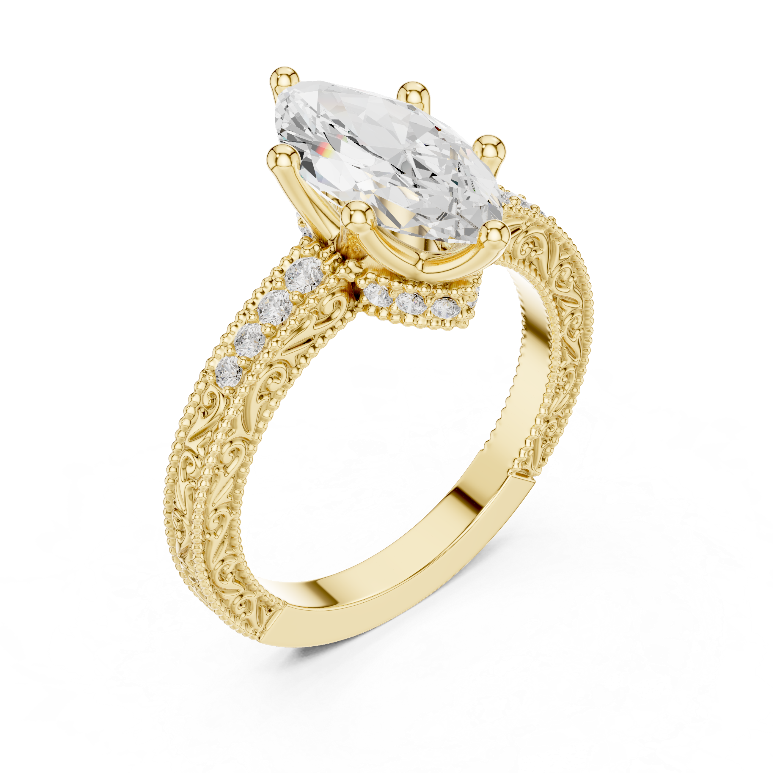 Vintage Milgrain Marquise Cut Engagement Ring with Pavé Diamond Accents
