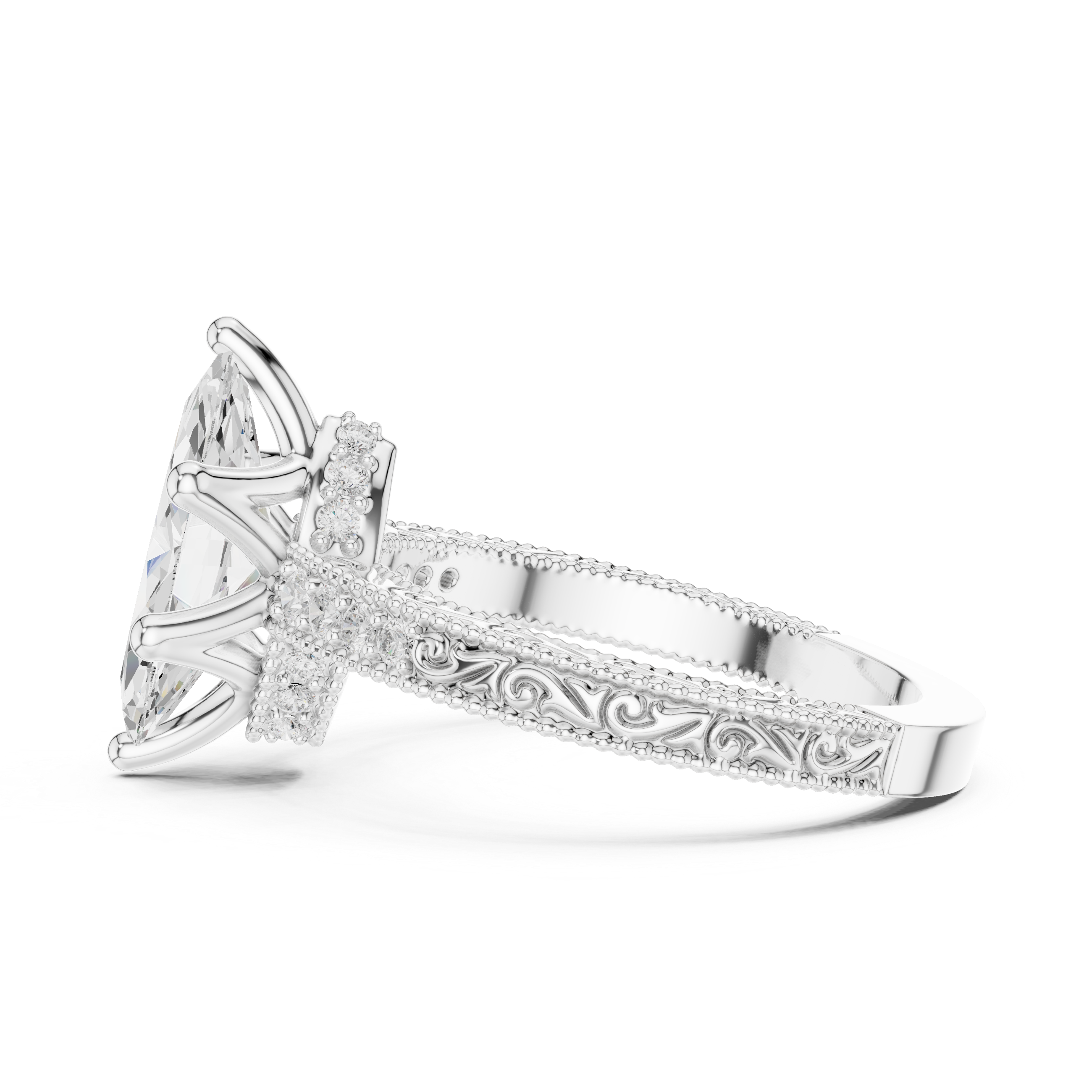 Vintage Milgrain Marquise Cut Engagement Ring with Pavé Diamond Accents