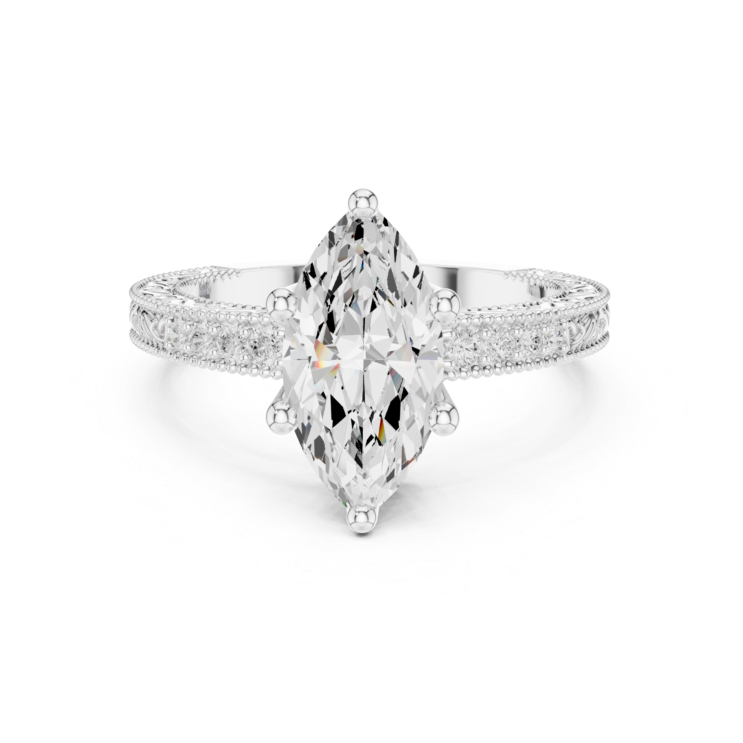 Vintage Milgrain Marquise Cut Engagement Ring with Pavé Diamond Accents