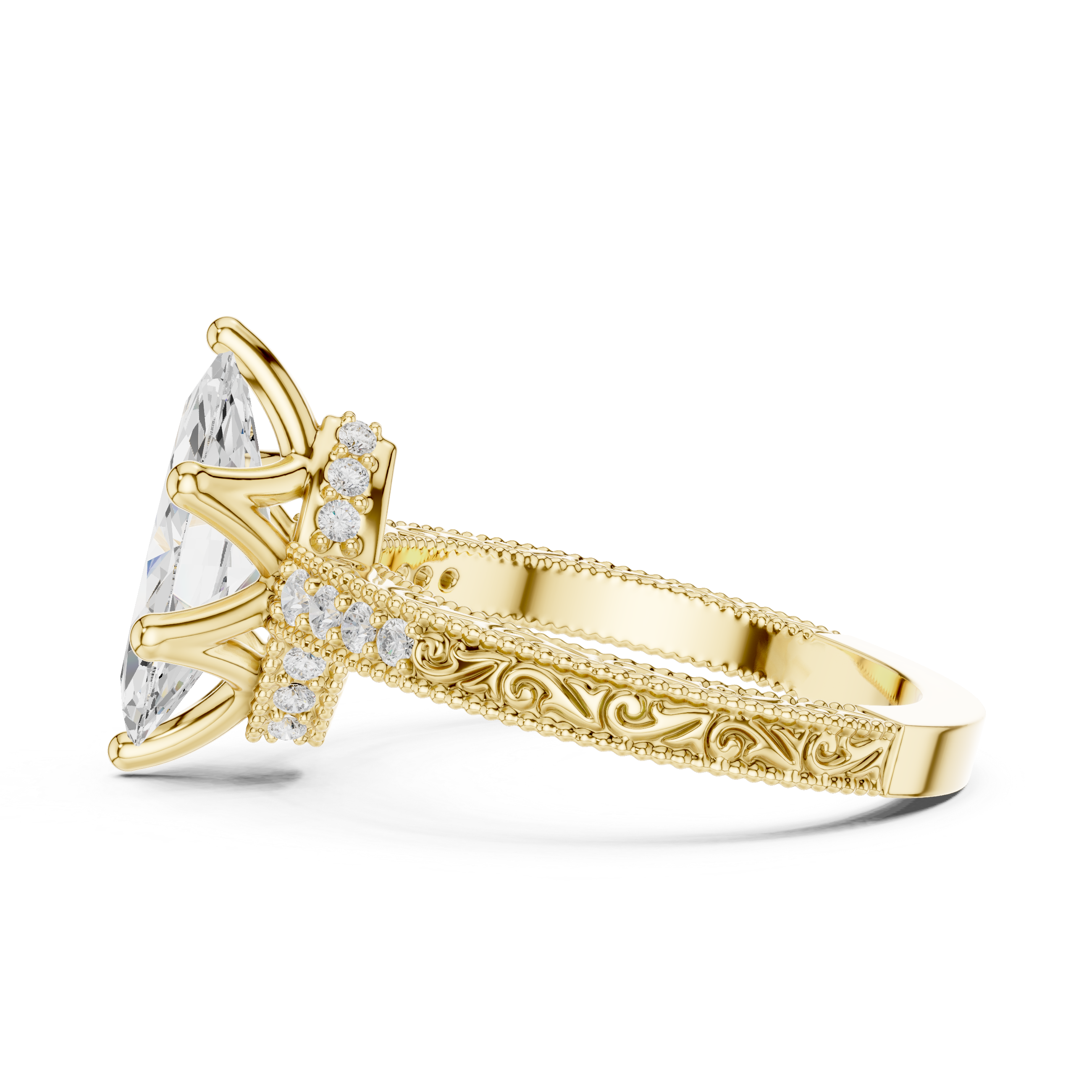 Vintage Milgrain Marquise Cut Engagement Ring with Pavé Diamond Accents
