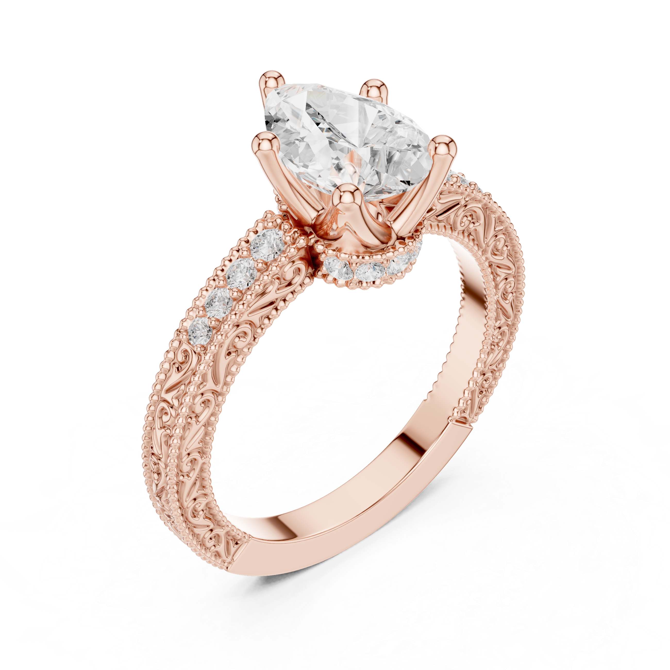 Vintage Milgrain Pear Cut Engagement Ring with Pavé Diamond Accents