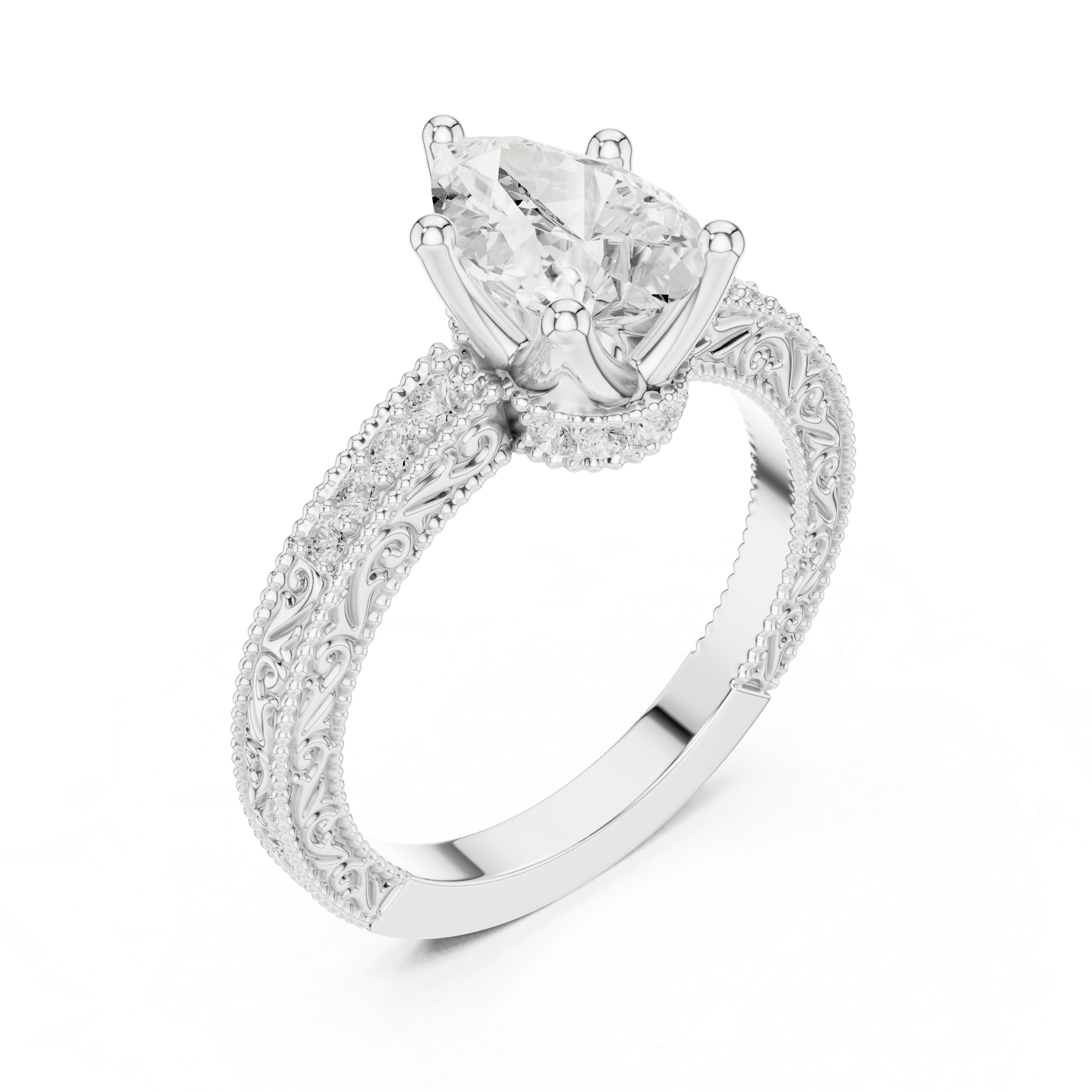 Vintage Milgrain Pear Cut Engagement Ring with Pavé Diamond Accents