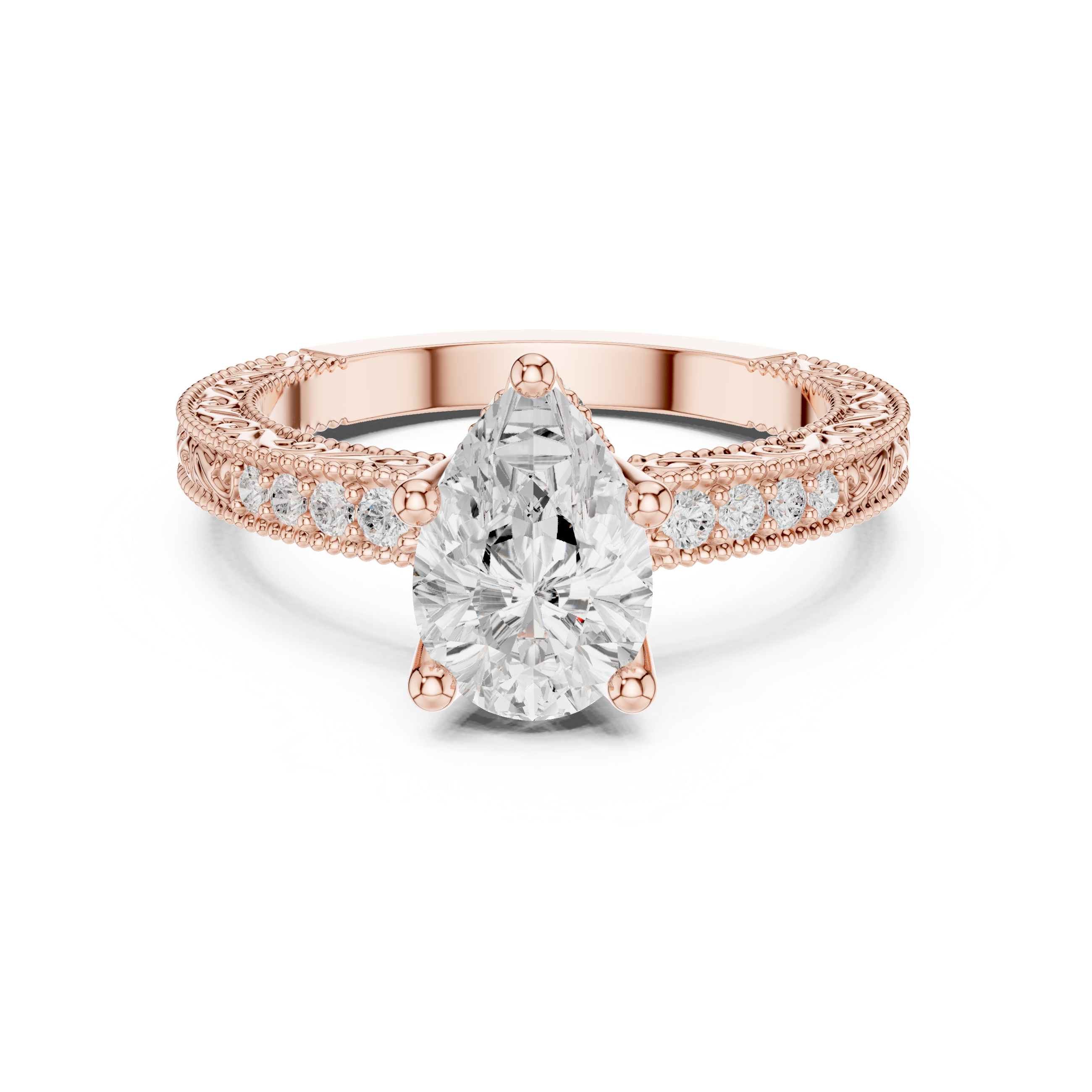Vintage Milgrain Pear Cut Engagement Ring with Pavé Diamond Accents