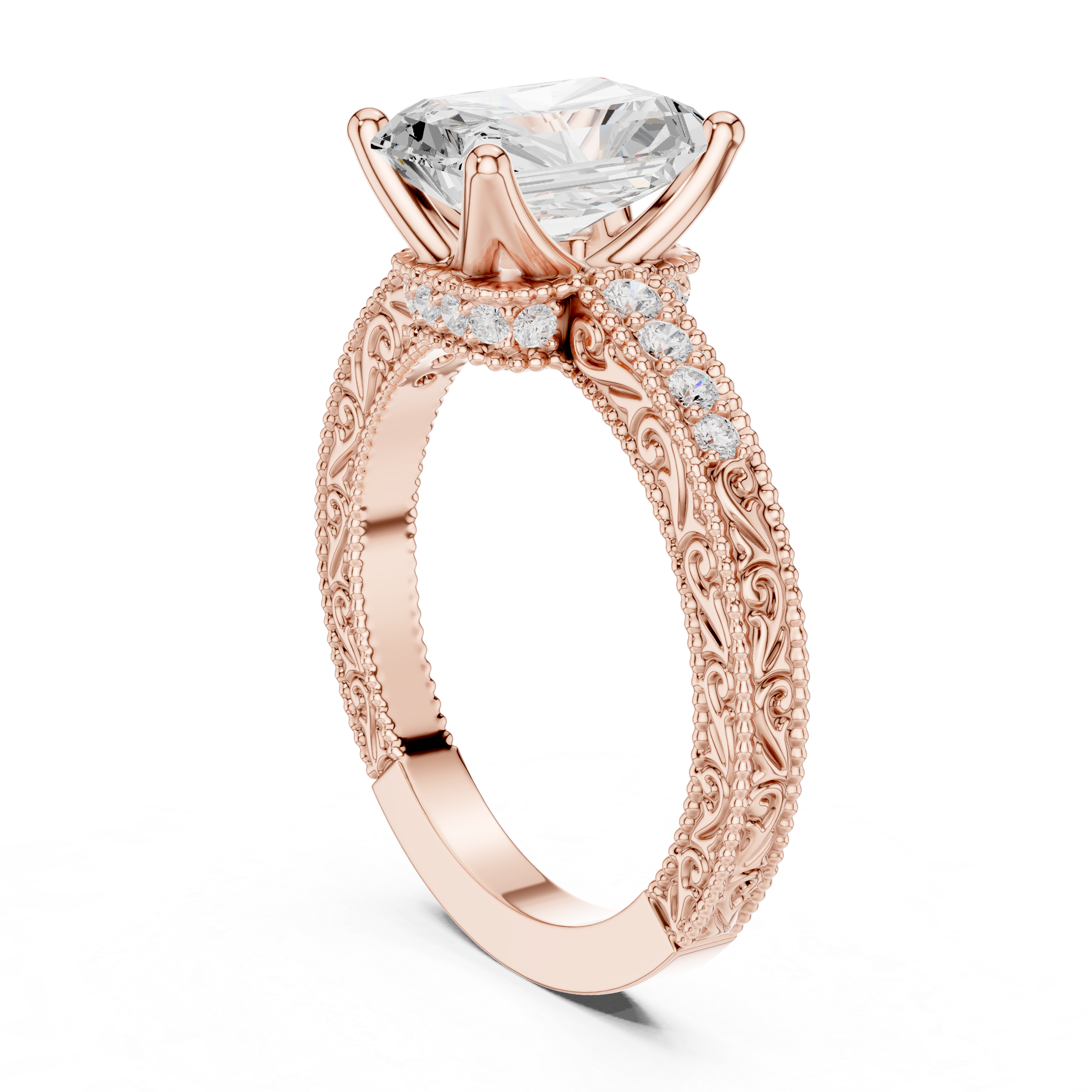 Vintage Milgrain Radiant Cut Engagement Ring with Pavé Diamond Accents
