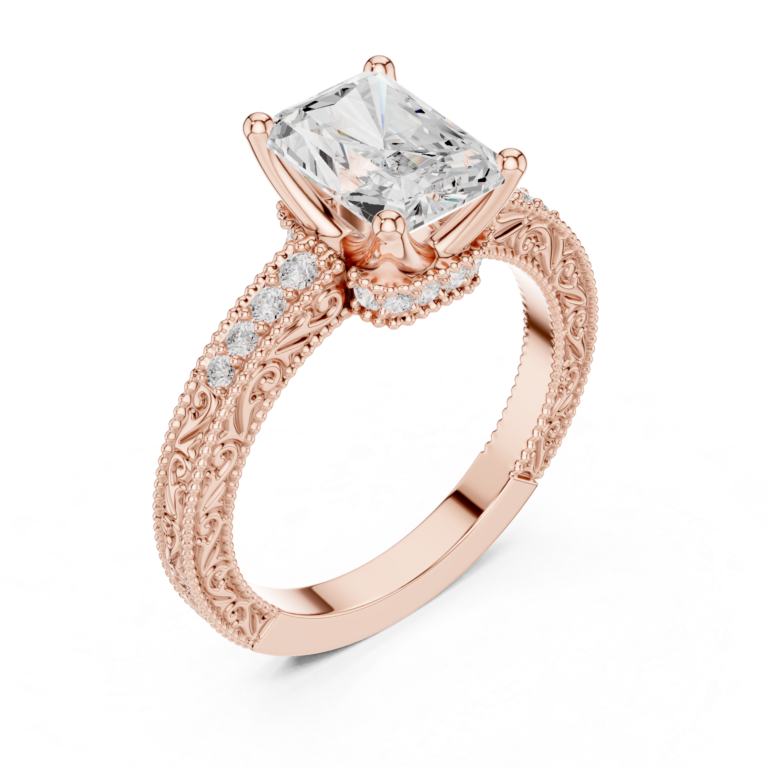 Vintage Milgrain Radiant Cut Engagement Ring with Pavé Diamond Accents