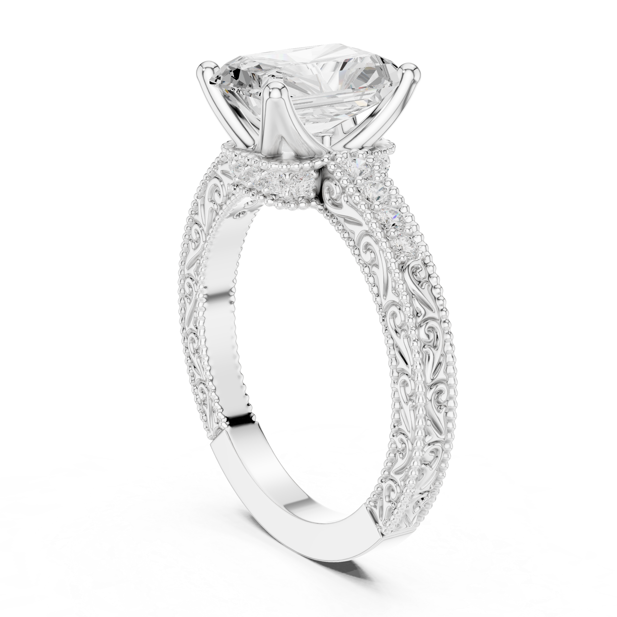 Vintage Milgrain Radiant Cut Engagement Ring with Pavé Diamond Accents