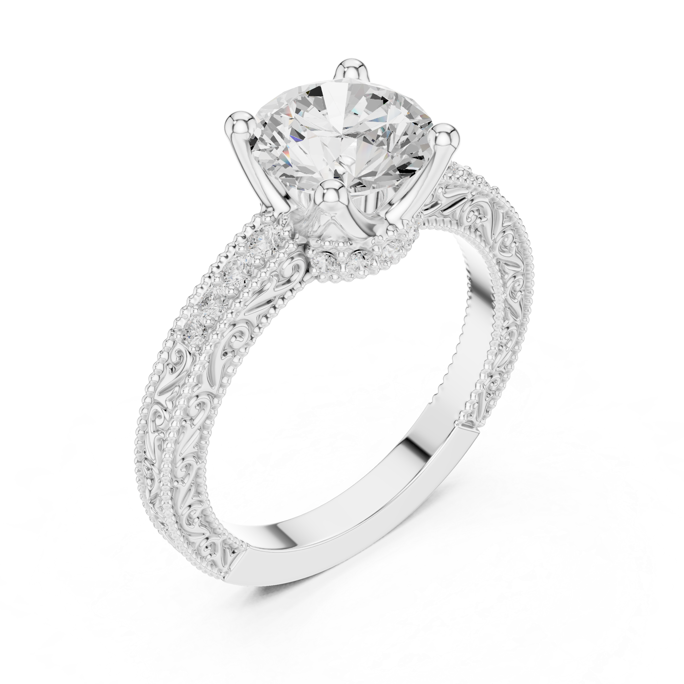 Vintage Milgrain Round Cut Engagement Ring with Pavé Diamond Accents