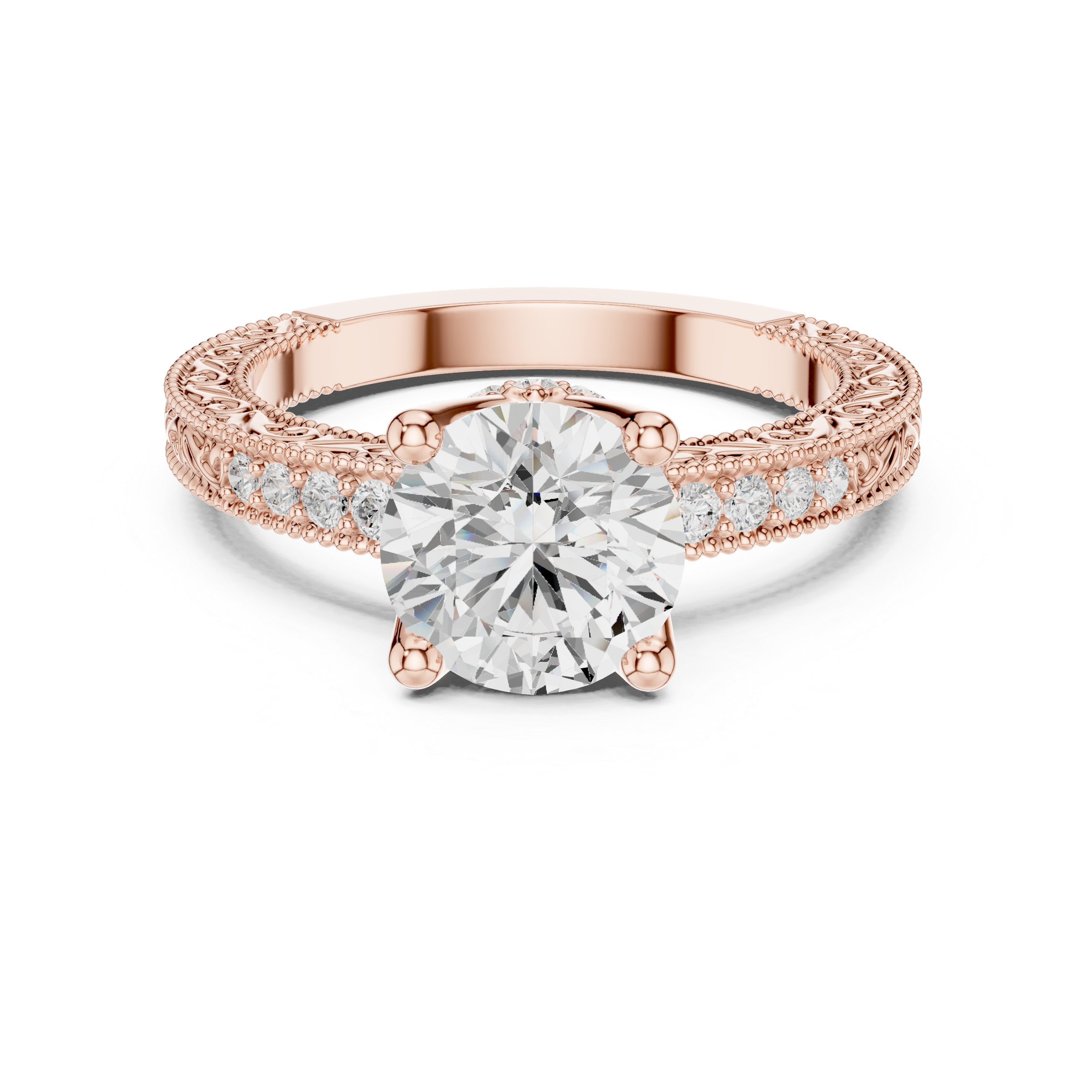 Vintage Milgrain Round Cut Engagement Ring with Pavé Diamond Accents