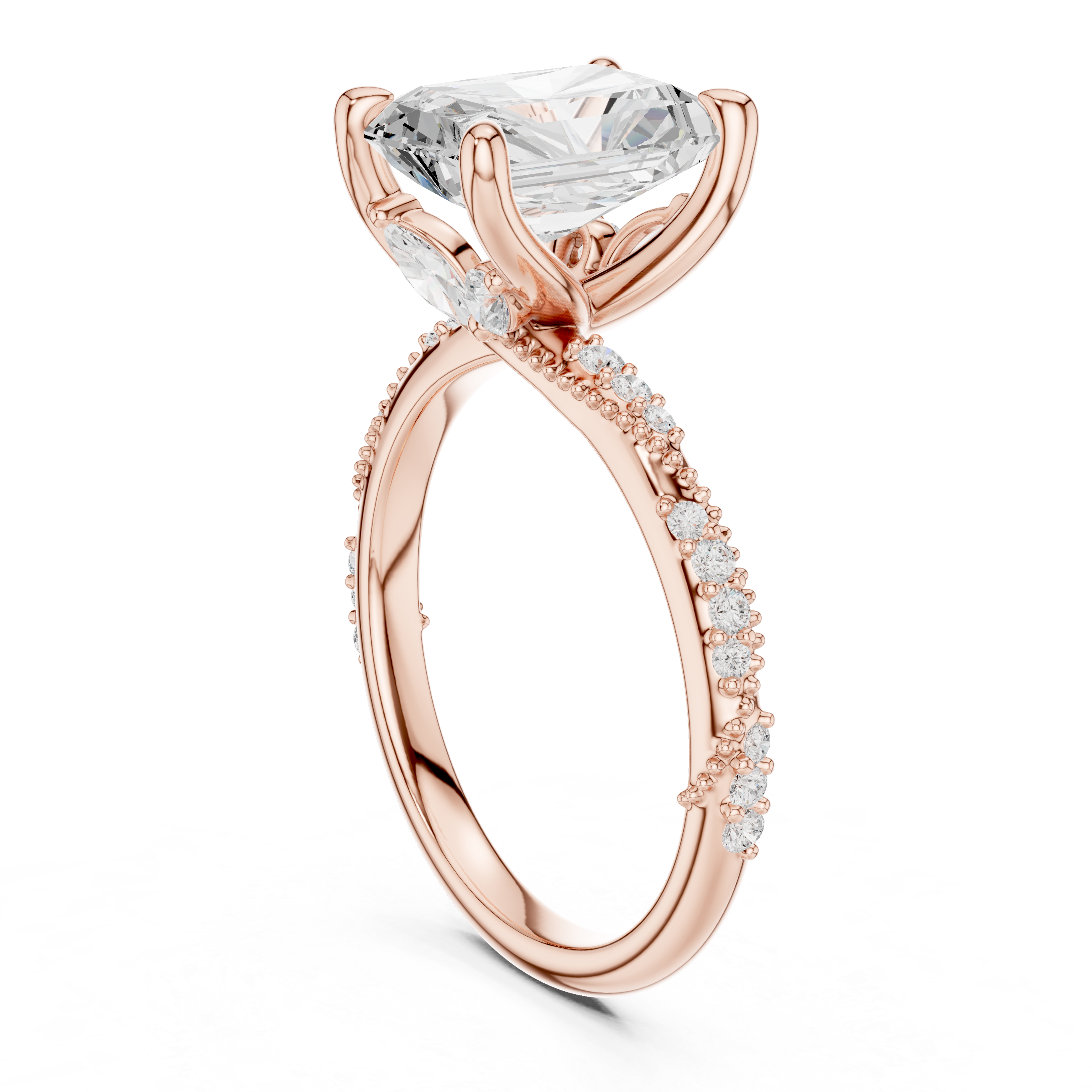 Vintage Radiant Cut Diamond Engagement Ring with Twisted Pavé Cathedral Band
