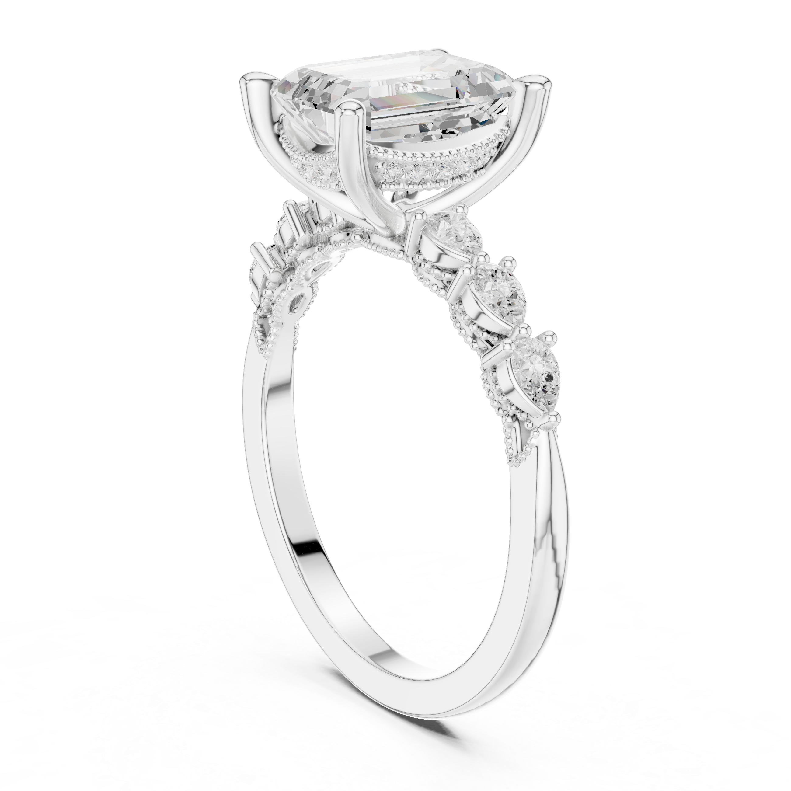 Vintage Emerald Cut Diamond Engagement Ring with Pear Side Stones and Milgrain Detail