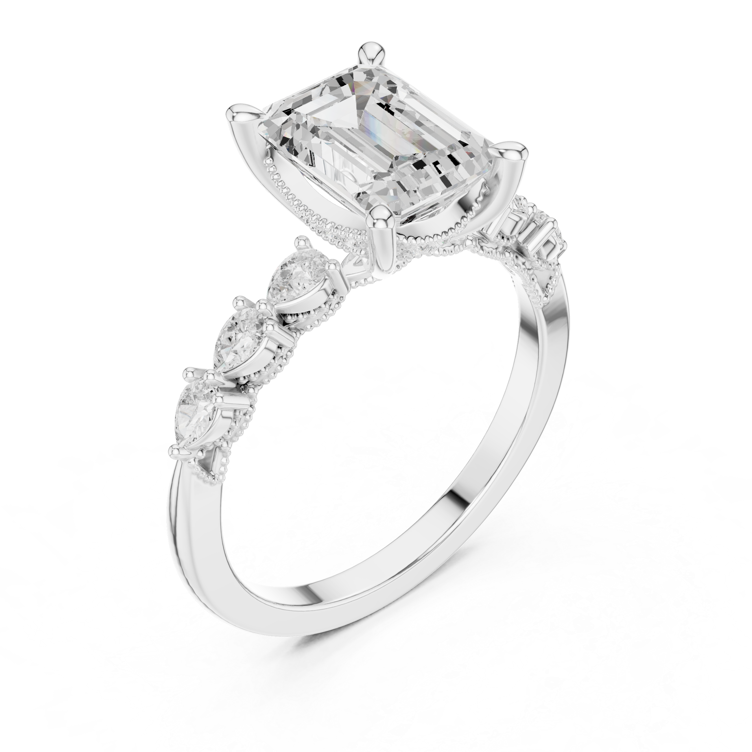 Vintage Emerald Cut Diamond Engagement Ring with Pear Side Stones and Milgrain Detail