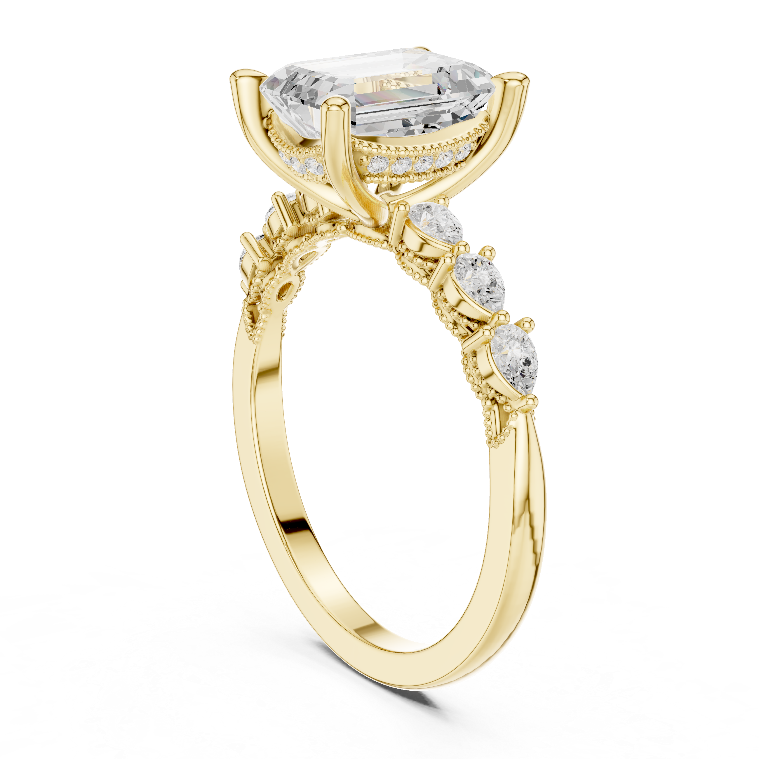 Vintage Emerald Cut Diamond Engagement Ring with Pear Side Stones and Milgrain Detail
