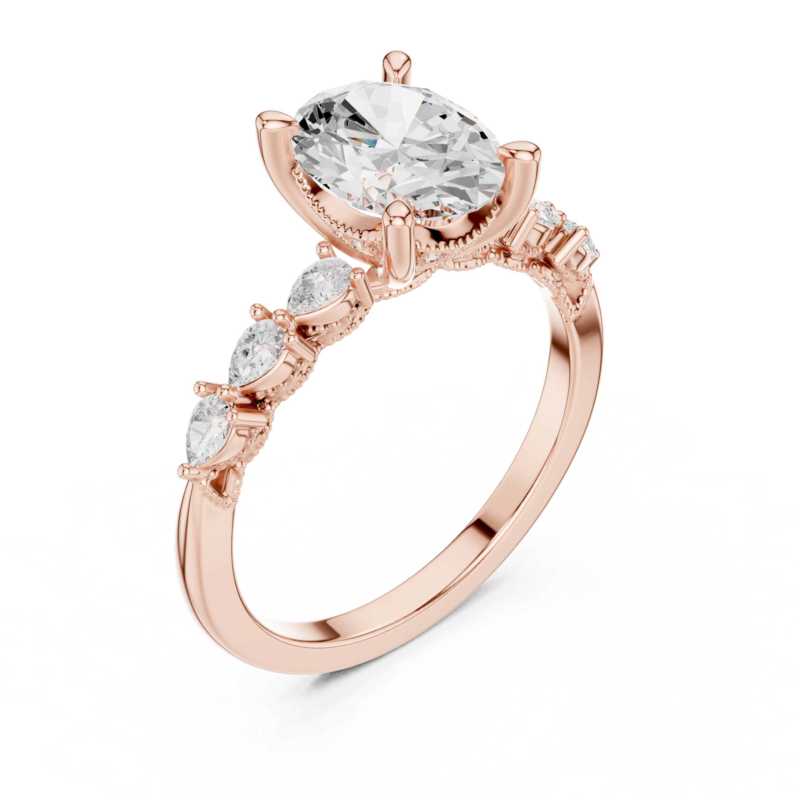 Vintage Oval Diamond Engagement Ring with Pear Side Stones and Milgrain Detailing