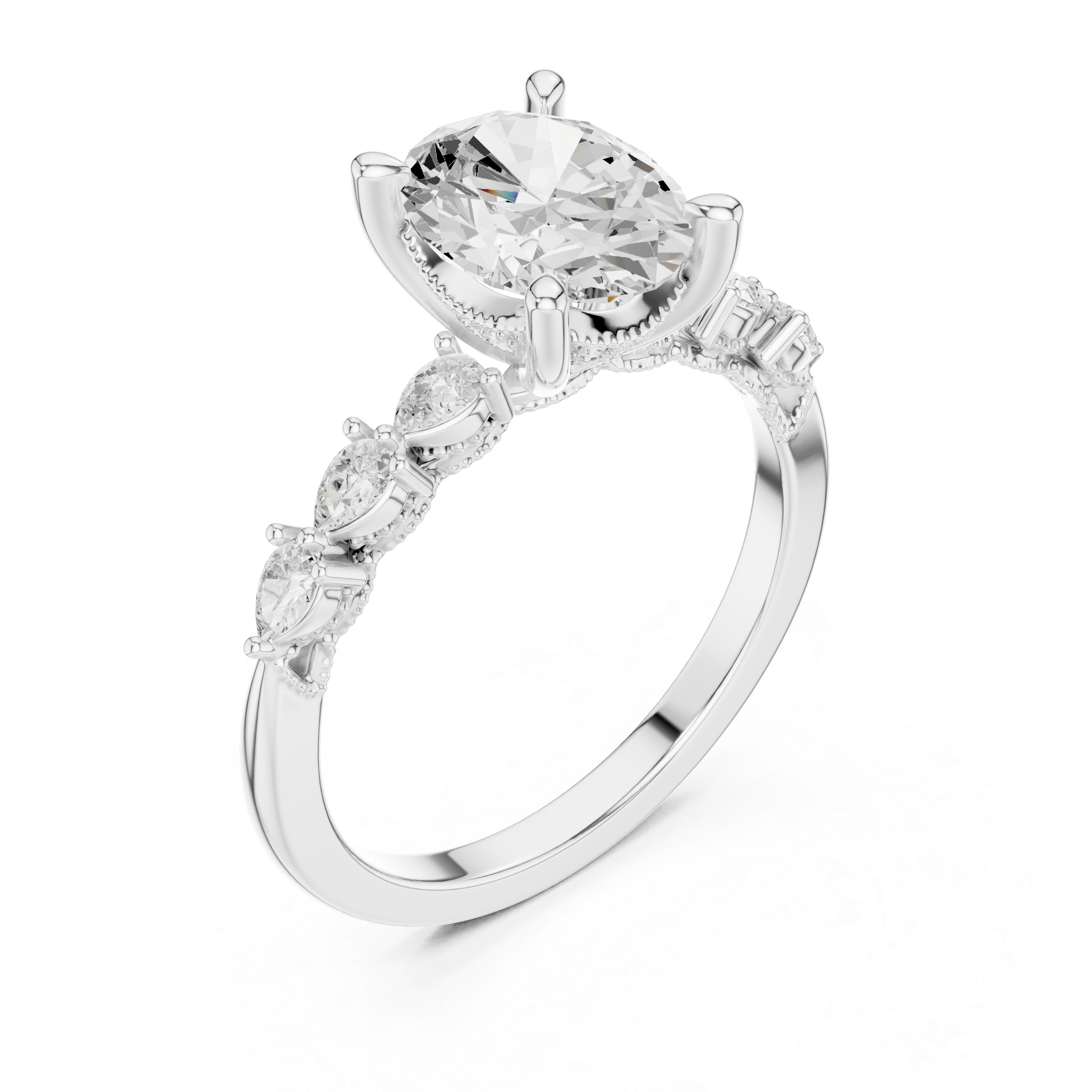 Vintage Oval Diamond Engagement Ring with Pear Side Stones and Milgrain Detailing