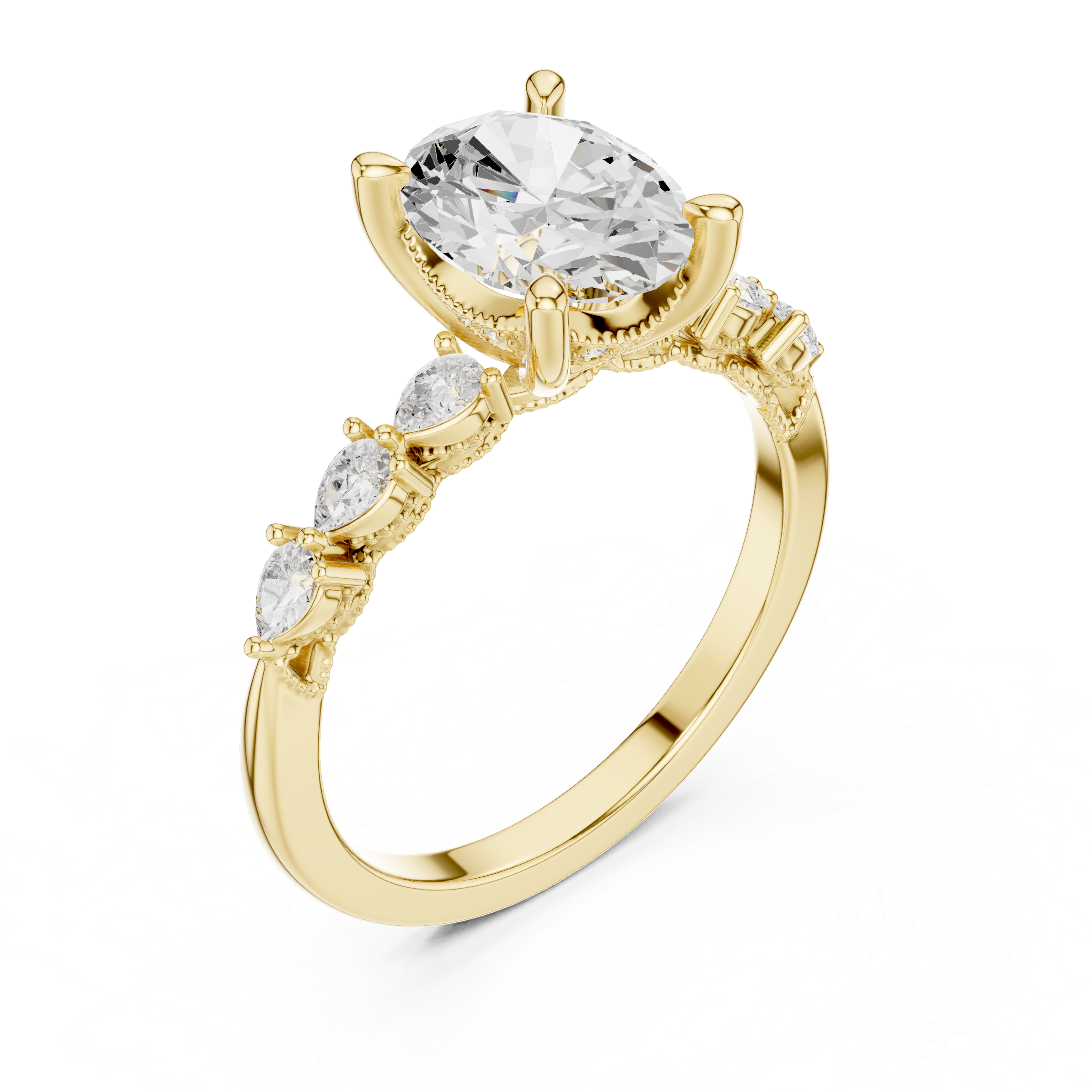 Vintage Oval Diamond Engagement Ring with Pear Side Stones and Milgrain Detailing