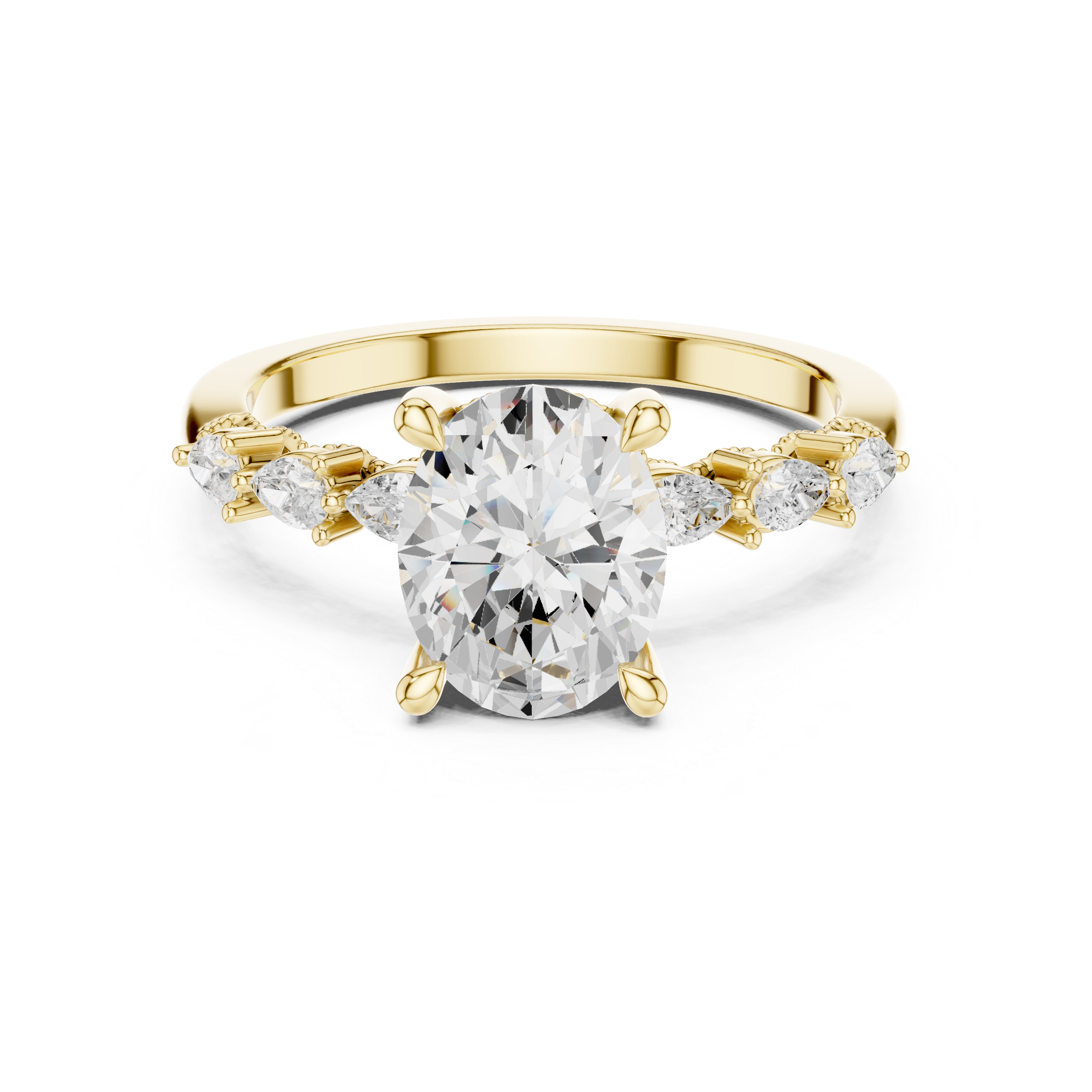 Vintage Oval Diamond Engagement Ring with Pear Side Stones and Milgrain Detailing
