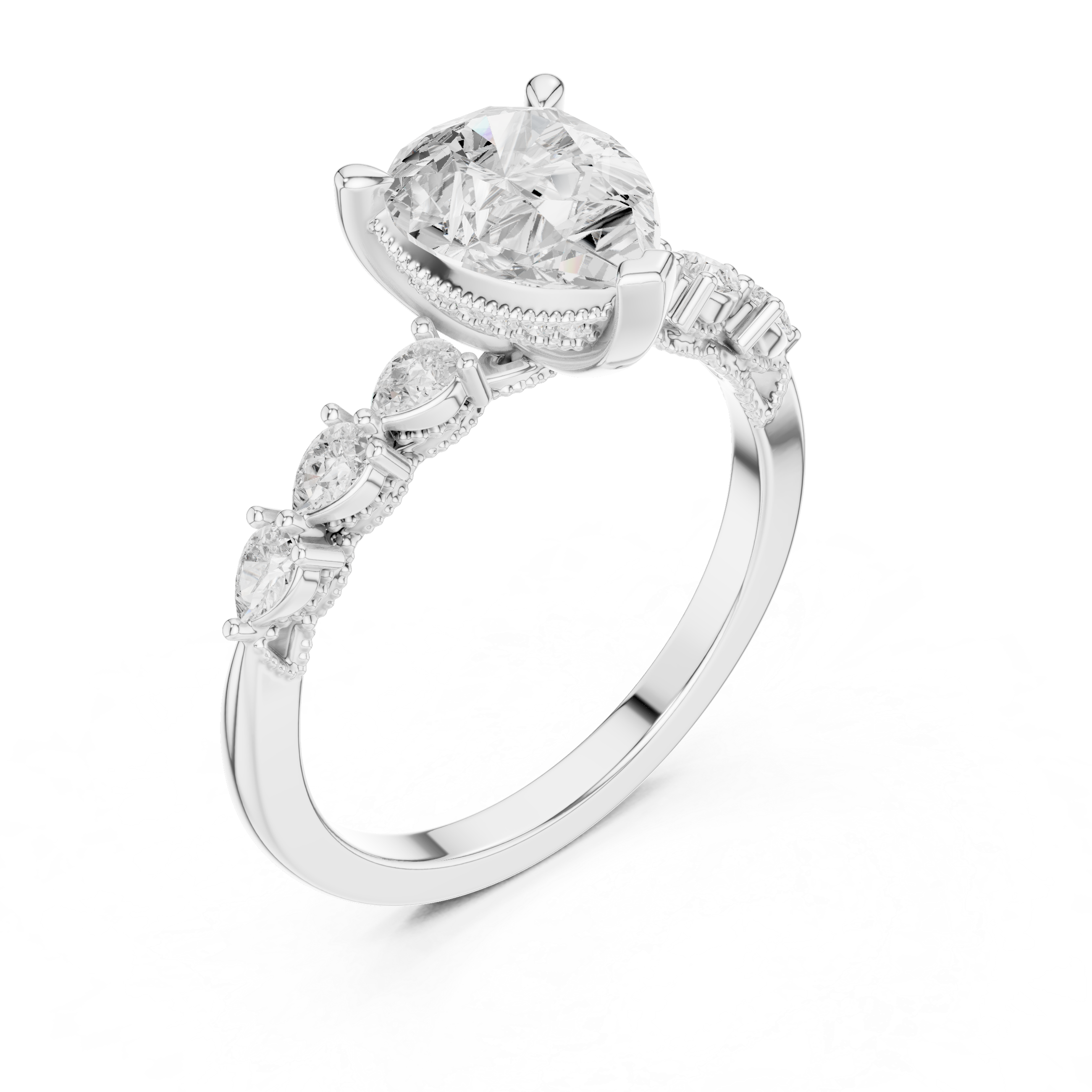 Vintage Pear Cut Diamond Engagement Ring with Marquise Side Stones and Milgrain Details