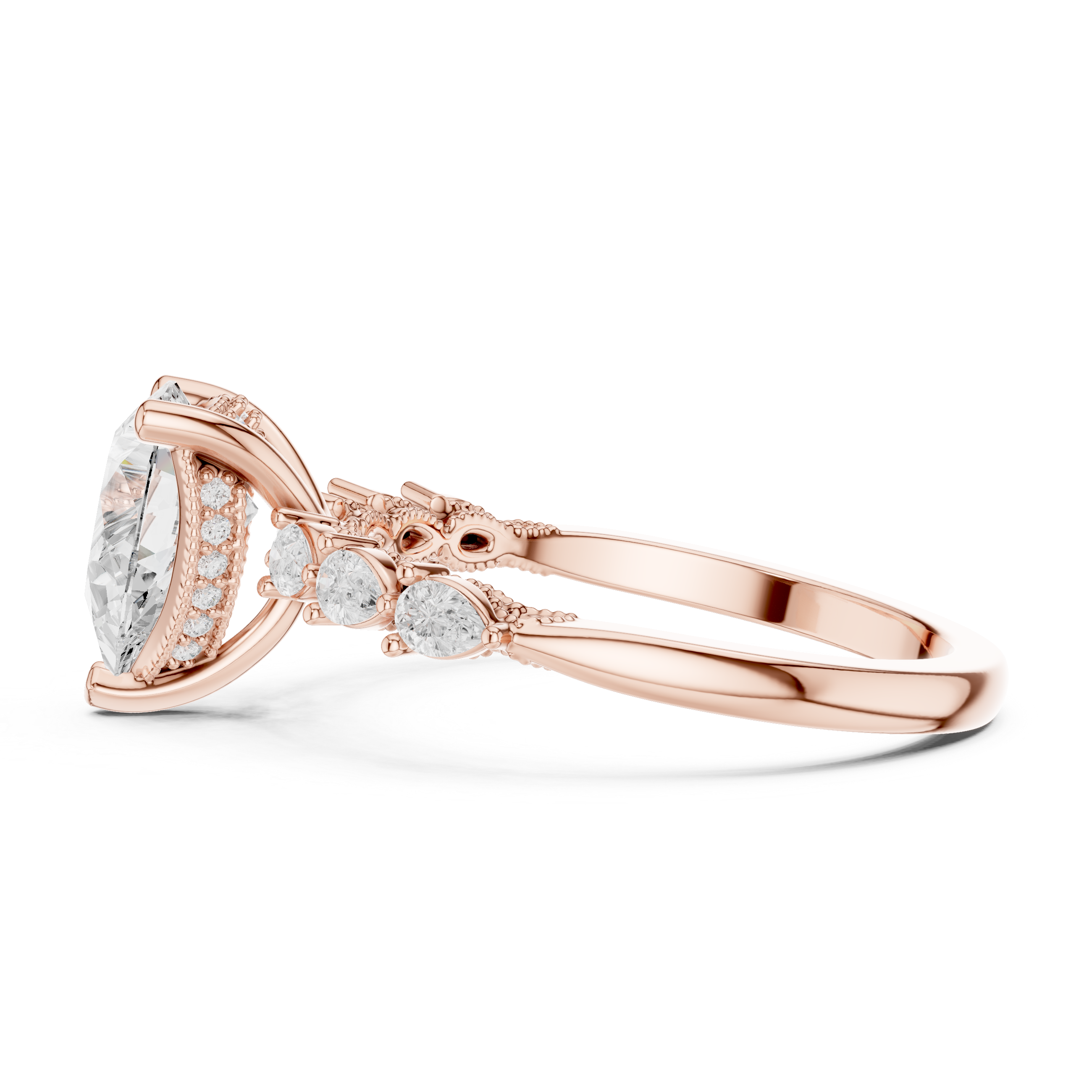 Vintage Pear Cut Diamond Engagement Ring with Marquise Side Stones and Milgrain Details