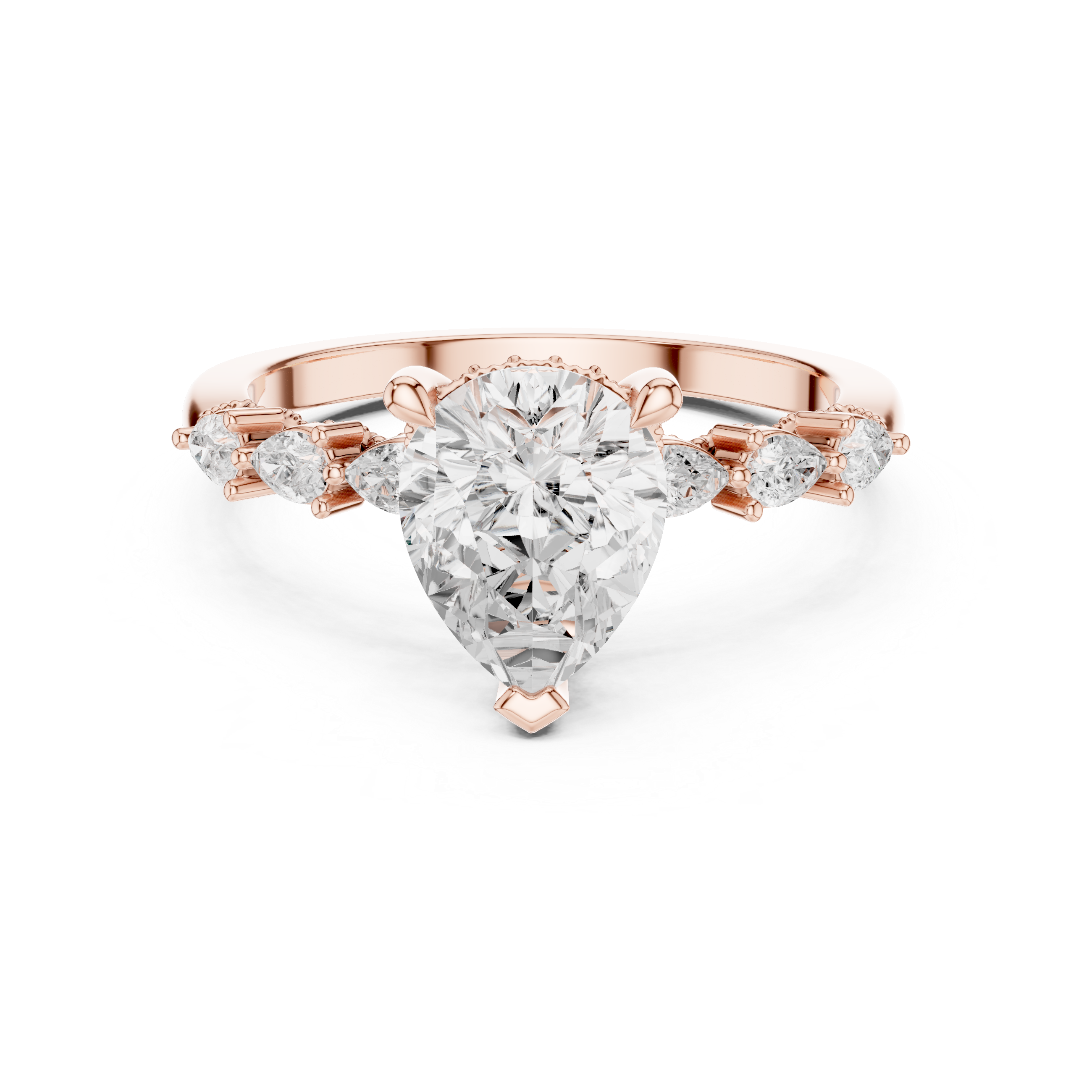 Vintage Pear Cut Diamond Engagement Ring with Marquise Side Stones and Milgrain Details