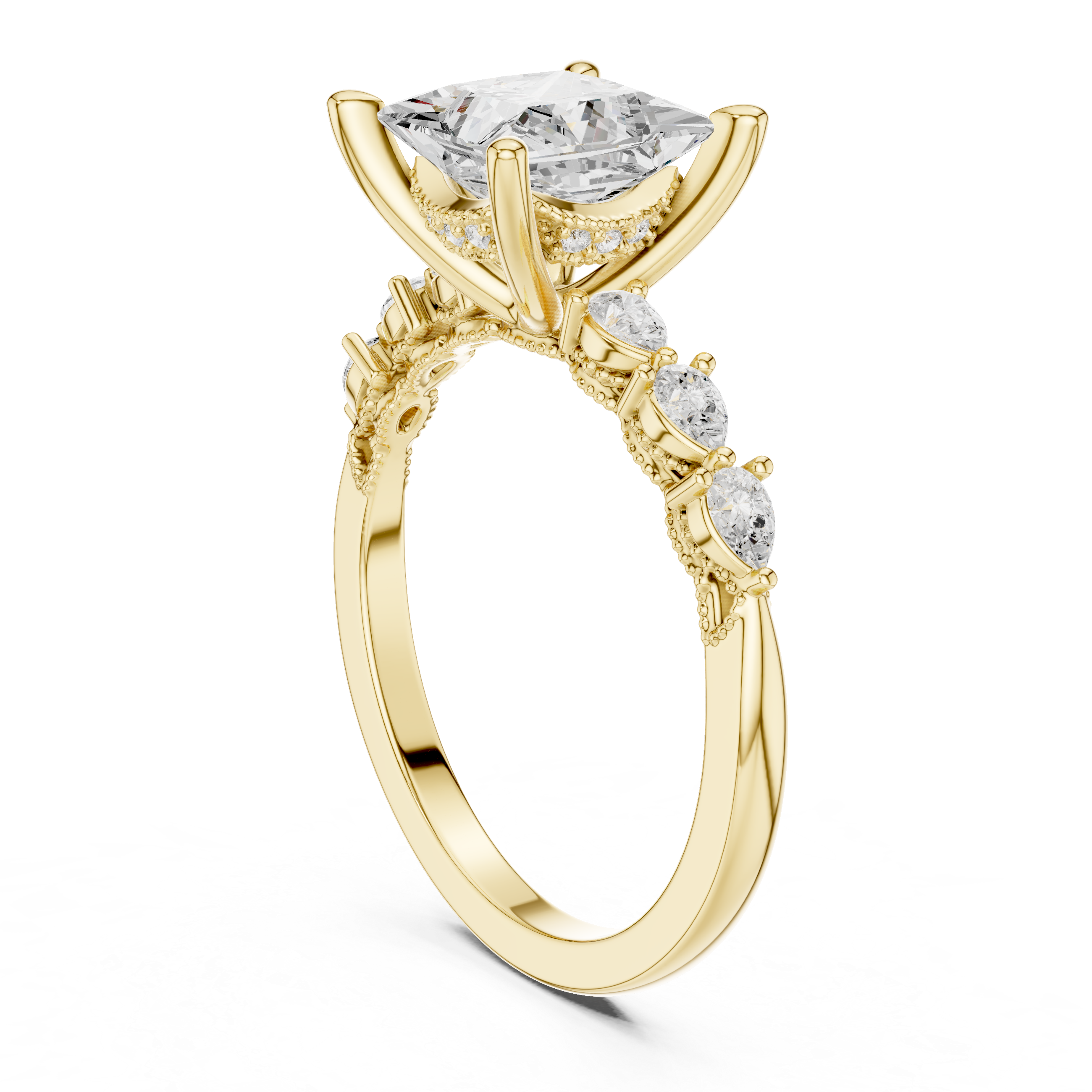 Vintage Princess Cut Diamond Engagement Ring with Marquise Side Stones and Milgrain Details