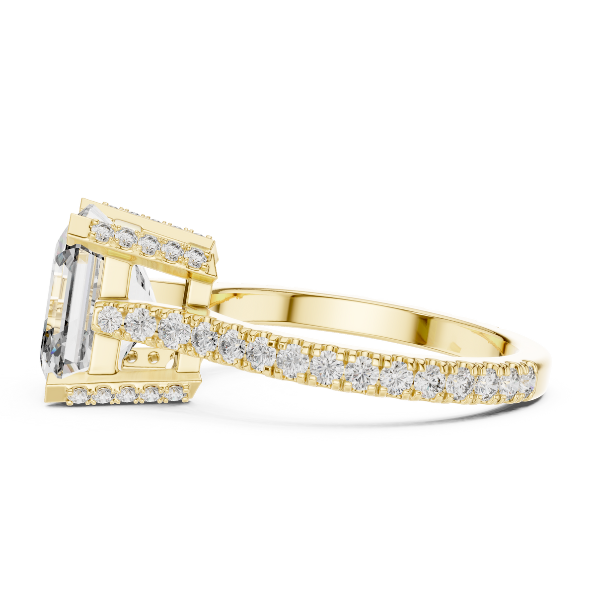 Square Emerald Cut Hidden Halo Engagement Ring with Pavé Diamond Band