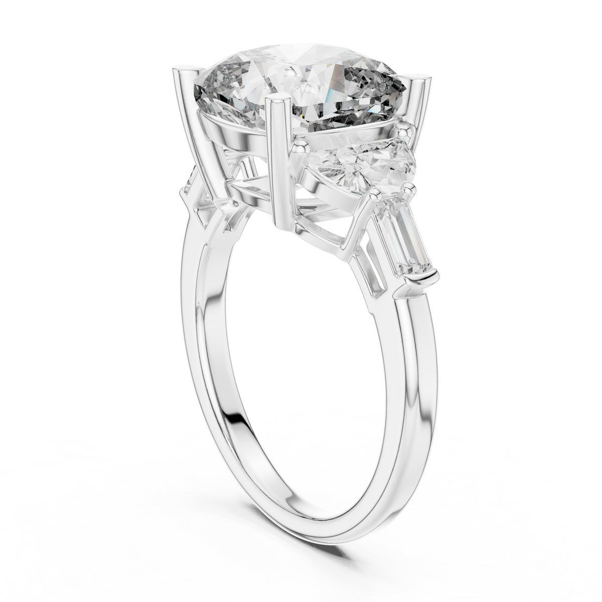 Cushion Cut Five Stone Engagement Ring with Half Moon and Baguette Side Stones