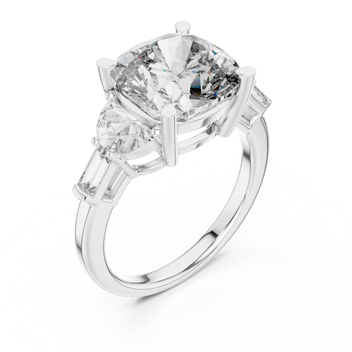 Cushion Cut Five Stone Engagement Ring with Half Moon and Baguette Side Stones