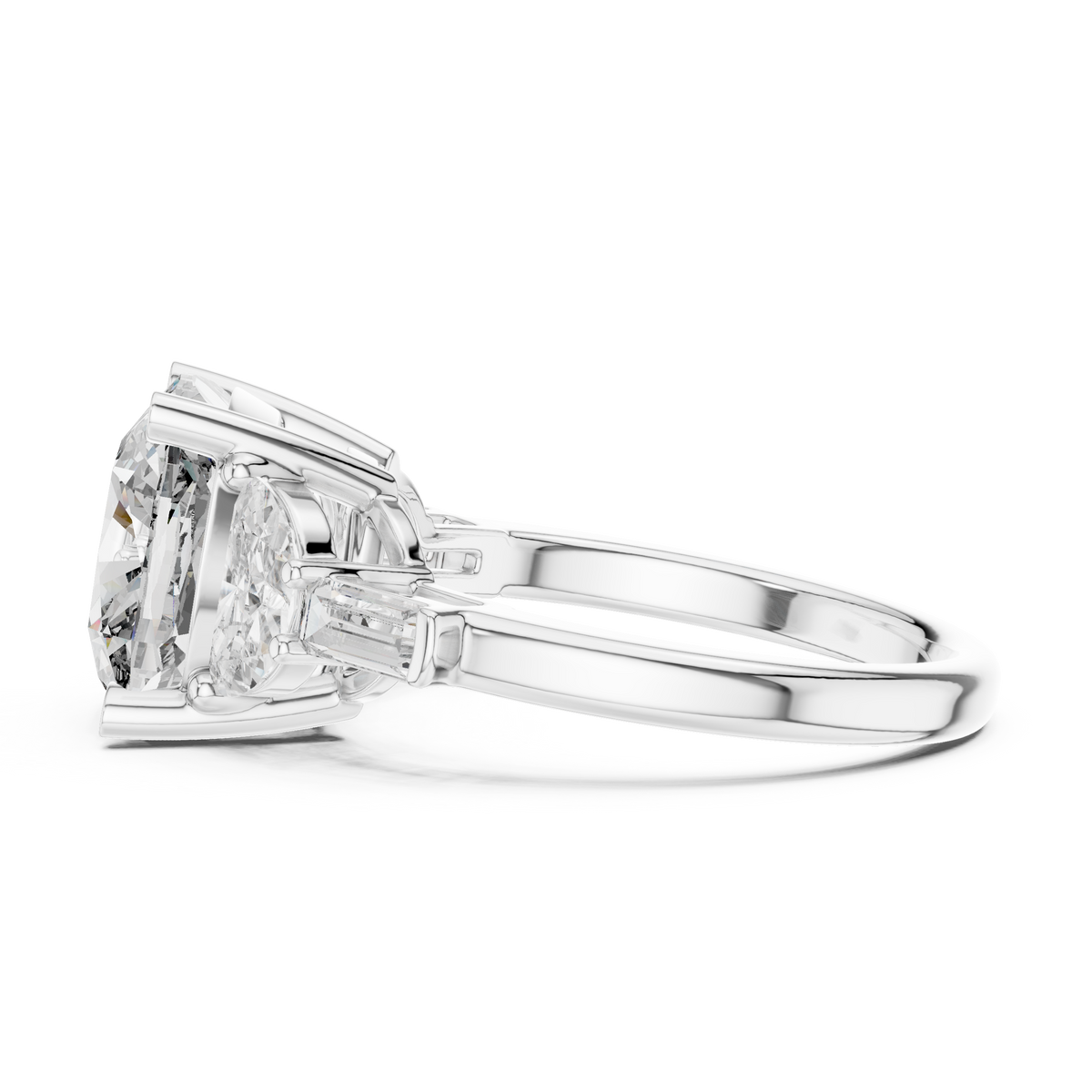 Cushion Cut Five Stone Engagement Ring with Half Moon and Baguette Side Stones