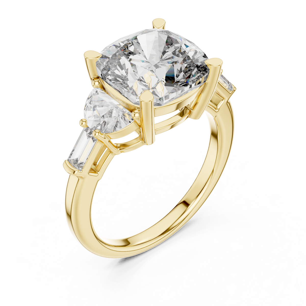 Cushion Cut Five Stone Engagement Ring with Half Moon and Baguette Side Stones