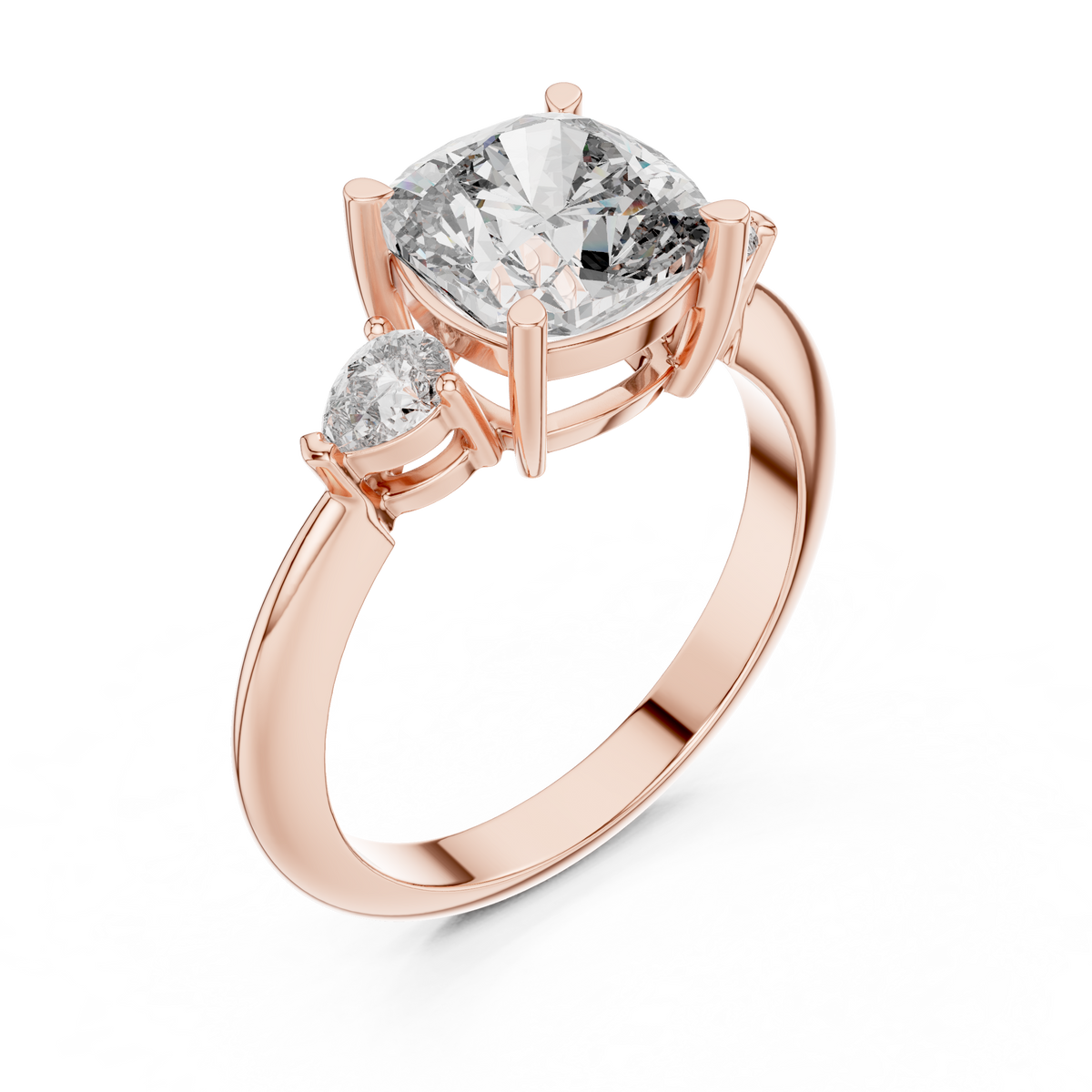 Cushion Cut Three Stone Engagement Ring with Pear Shaped Side Stones