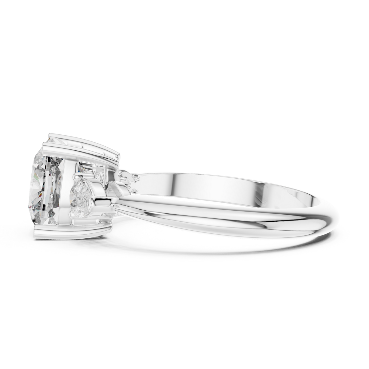 Cushion Cut Three Stone Engagement Ring with Pear Shaped Side Stones
