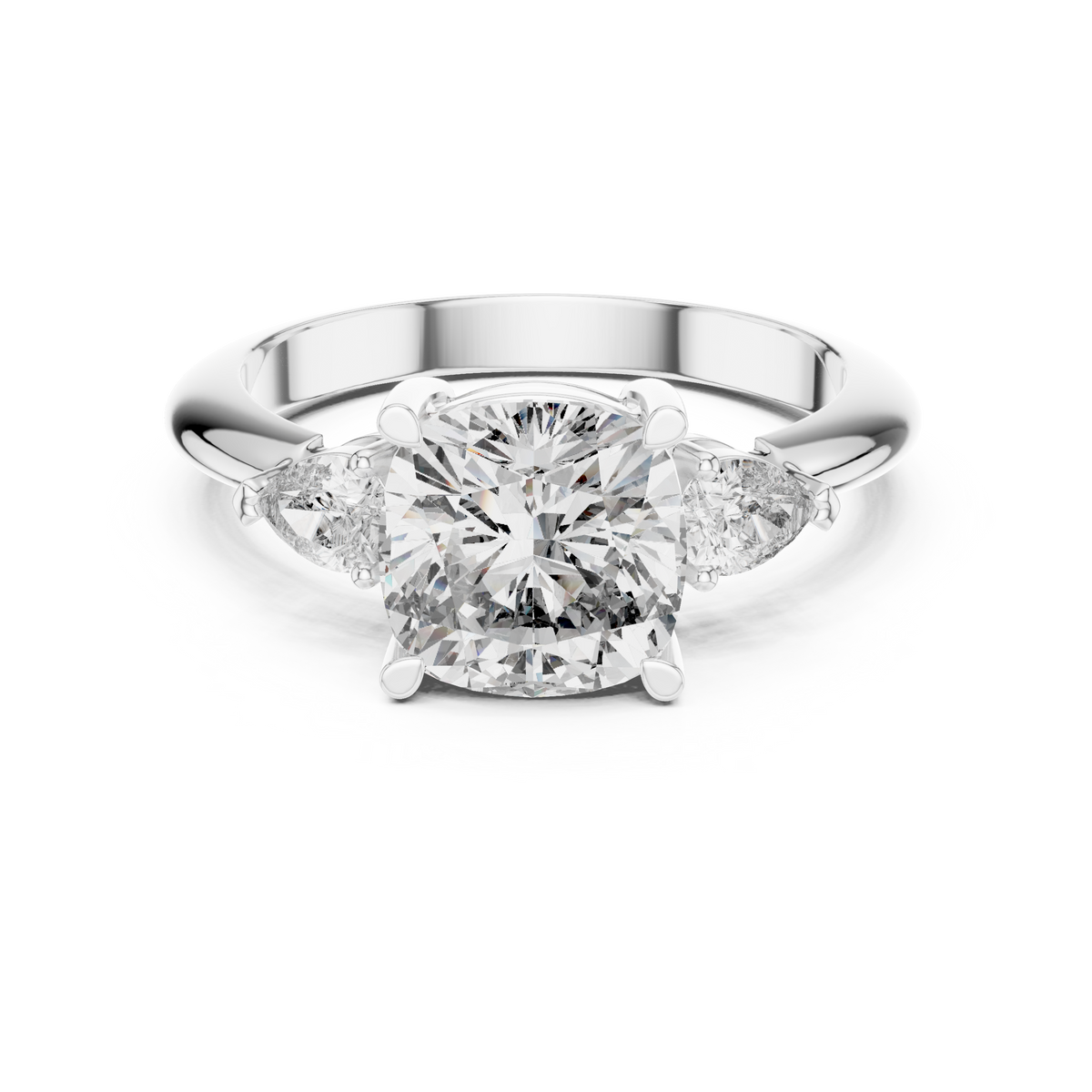 Cushion Cut Three Stone Engagement Ring with Pear Shaped Side Stones