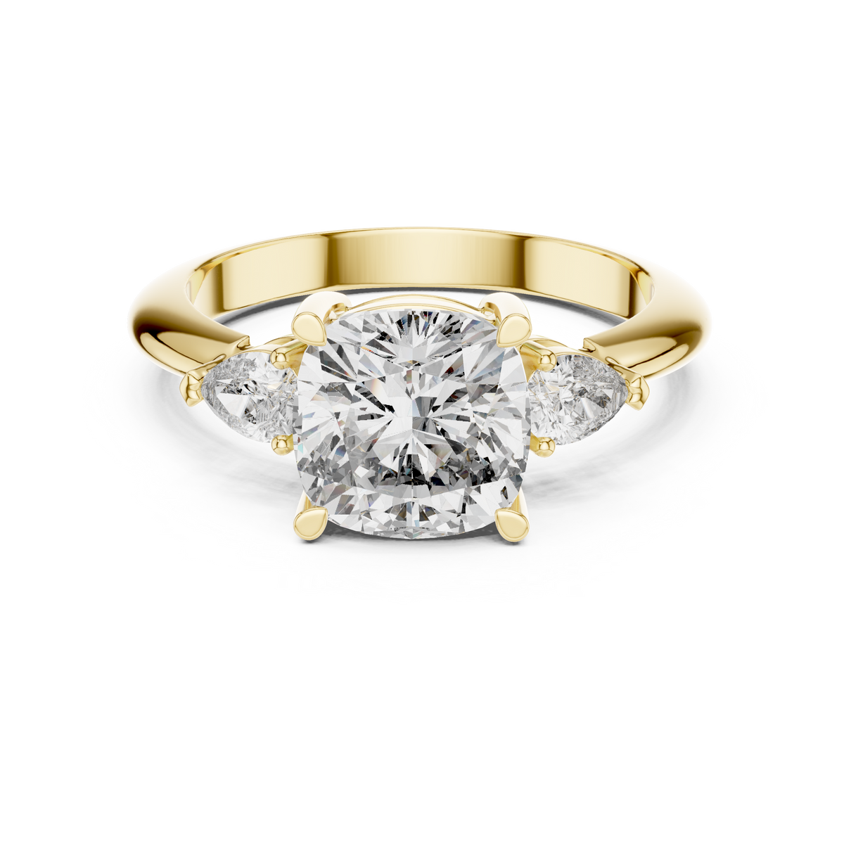 Cushion Cut Three Stone Engagement Ring with Pear Shaped Side Stones