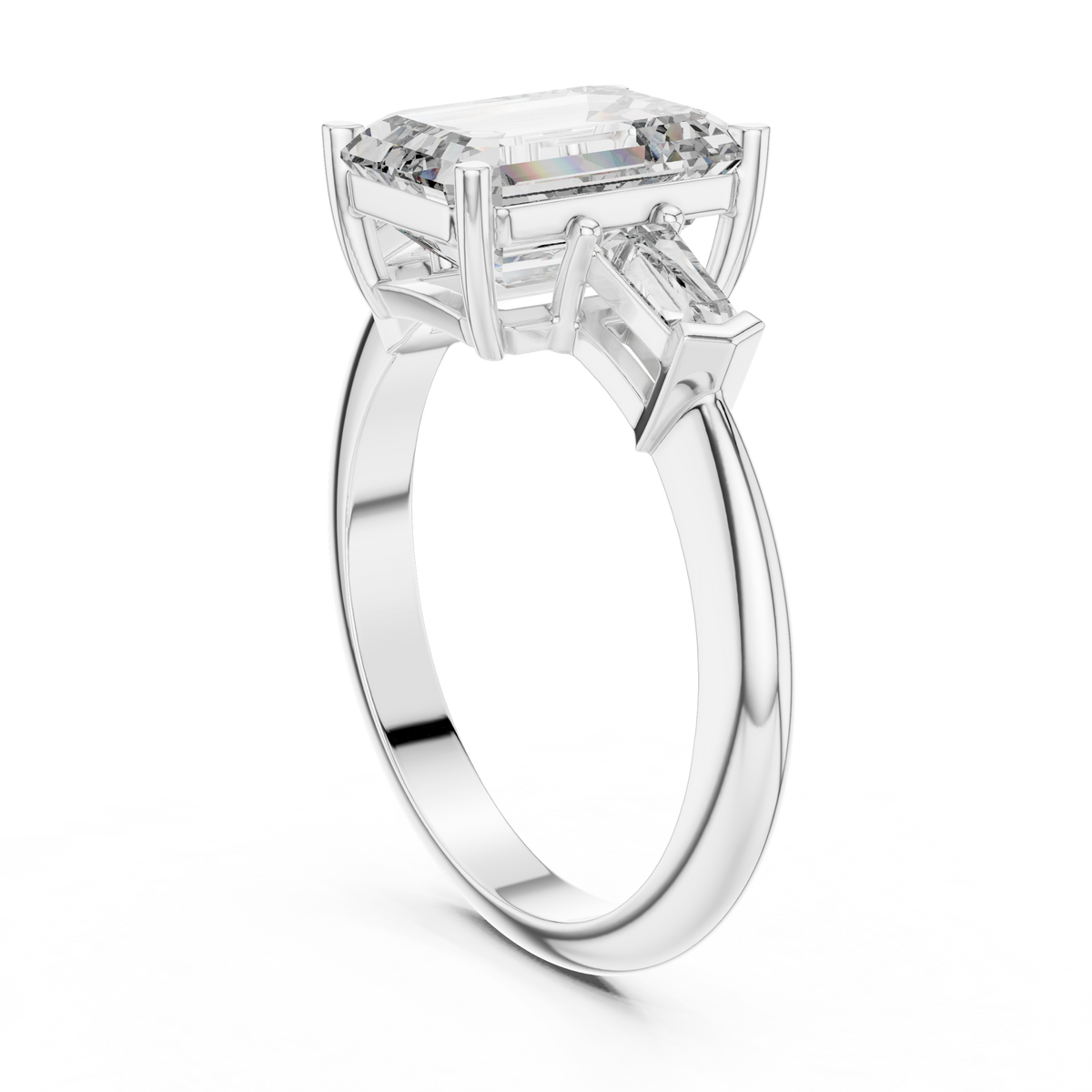 Emerald Cut Three Stone Engagement Ring with Tapered Baguette Side Stones