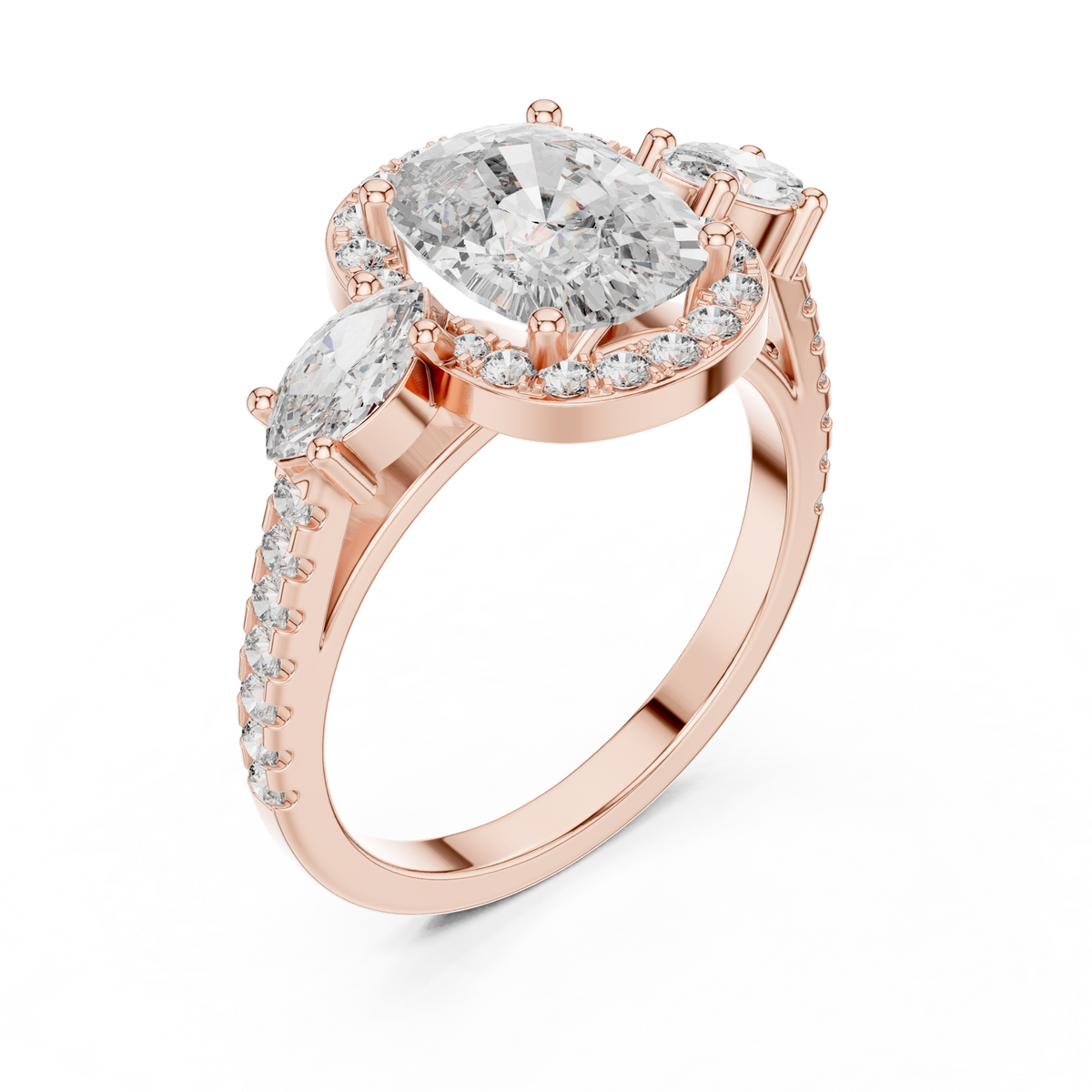Cushion Cut Halo Engagement Ring with Marquise Side Stones and Pavé Diamond Band